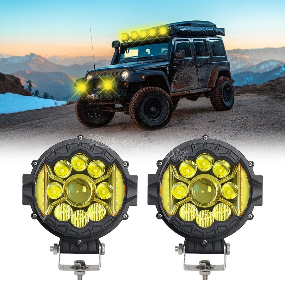 2x 7 Inch Amber LED Work Light Bar Side Shooter Pods Round Offroad Driving Lamp