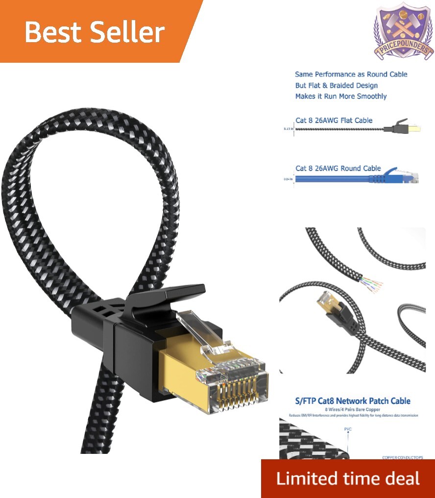 50ft Nylon Braided Ethernet Cable 40Gbps SFTP Shielded Flat for Gaming/PC