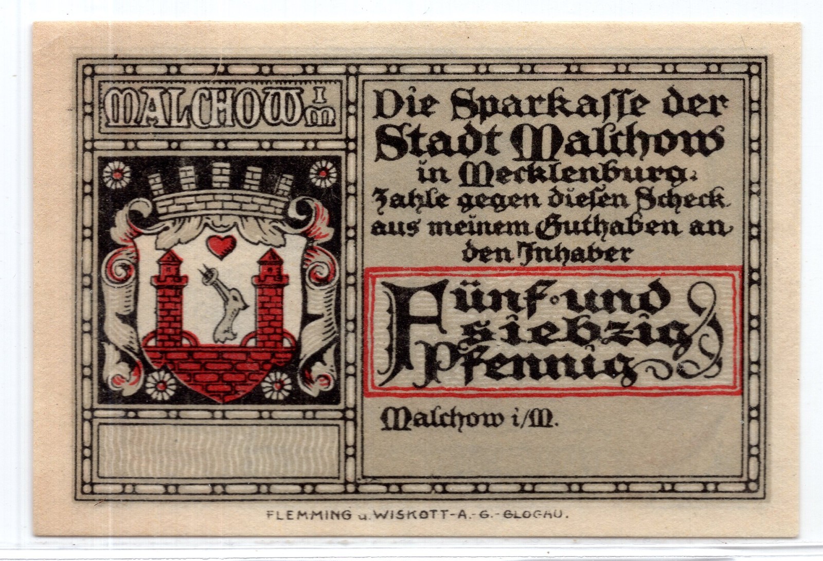 1921 Germany Malchow Notgeld 75 Pfennig Note (NG266)