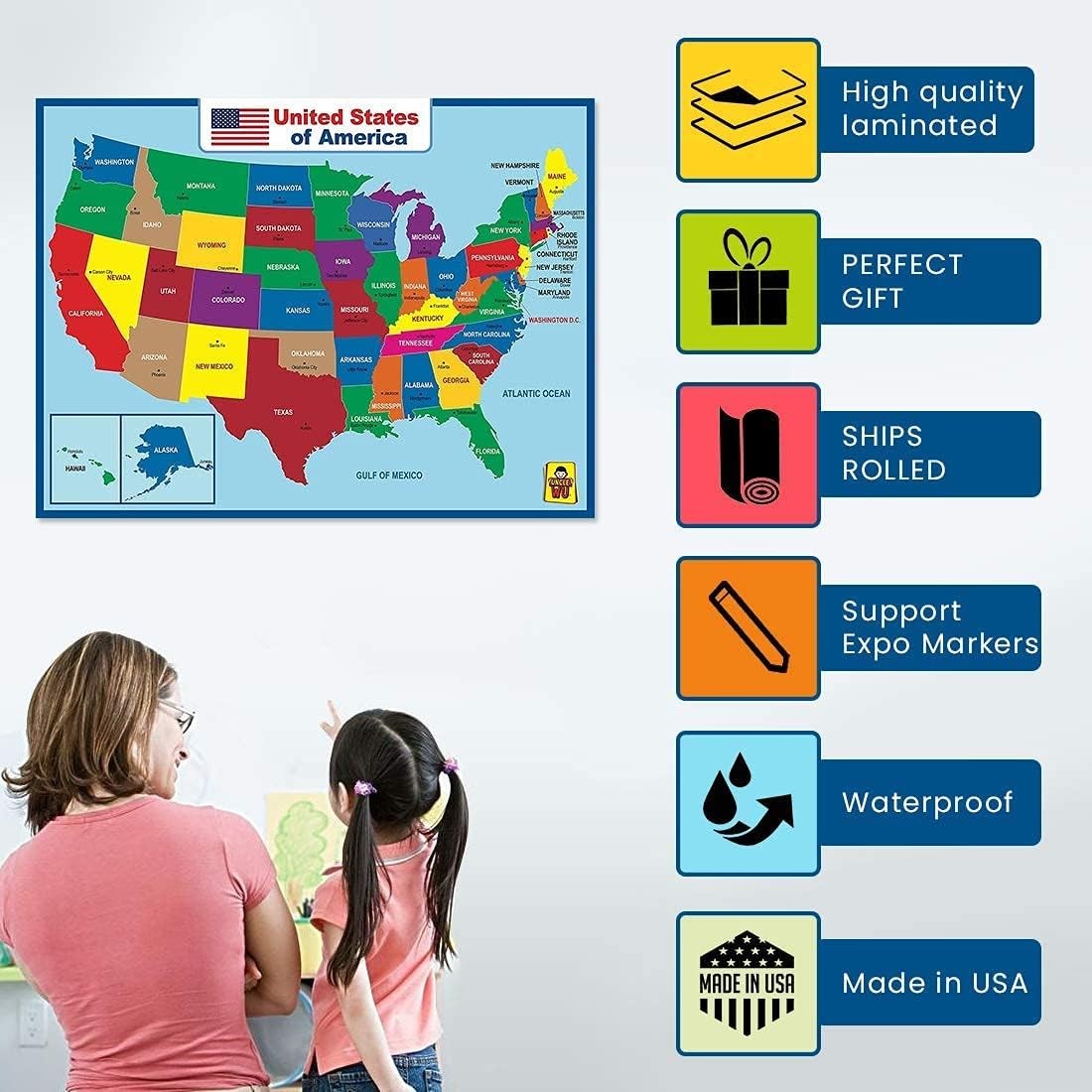 United State Map Laminated Poster -Double Side 18 x 24 Inch, Multicolor