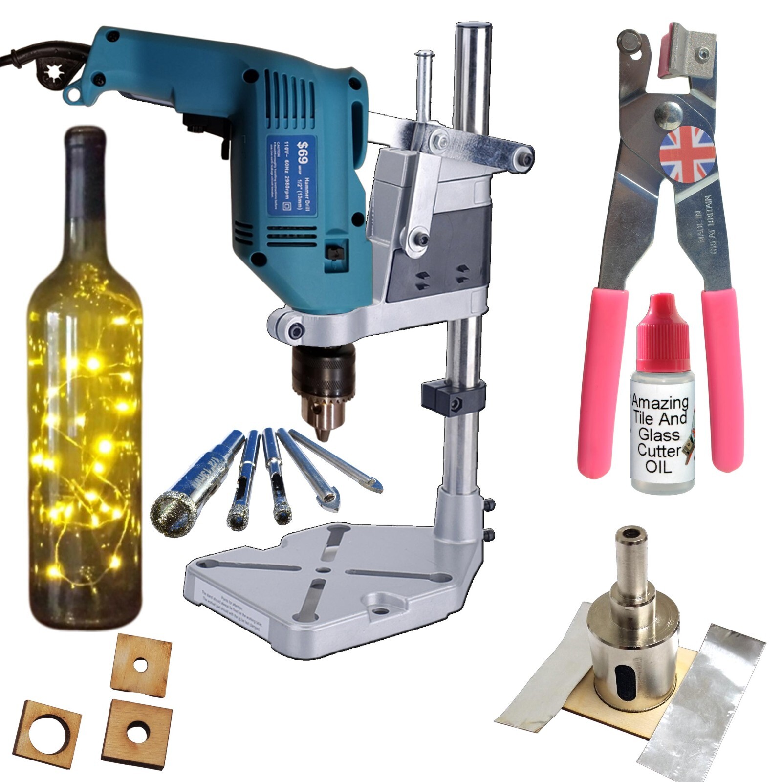 Glass Drilling Kit with Drill Stand Glass Cutter Glass Drill Wine Bottle Lights