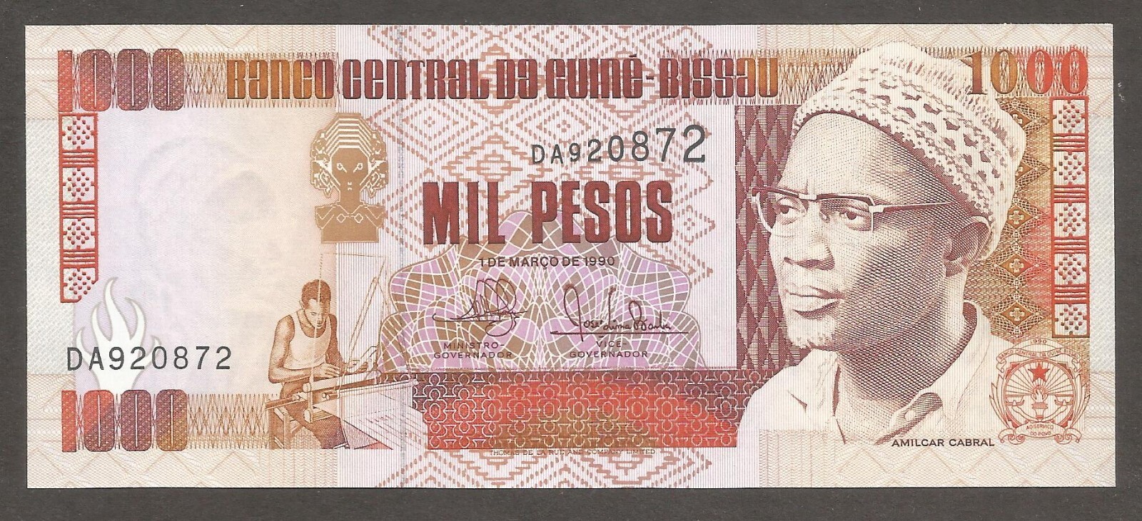 Guinea Bissau 1000 Pesos 1.3.1990; UNC; P-13a; BNB-B204a; Man weaving; Mural