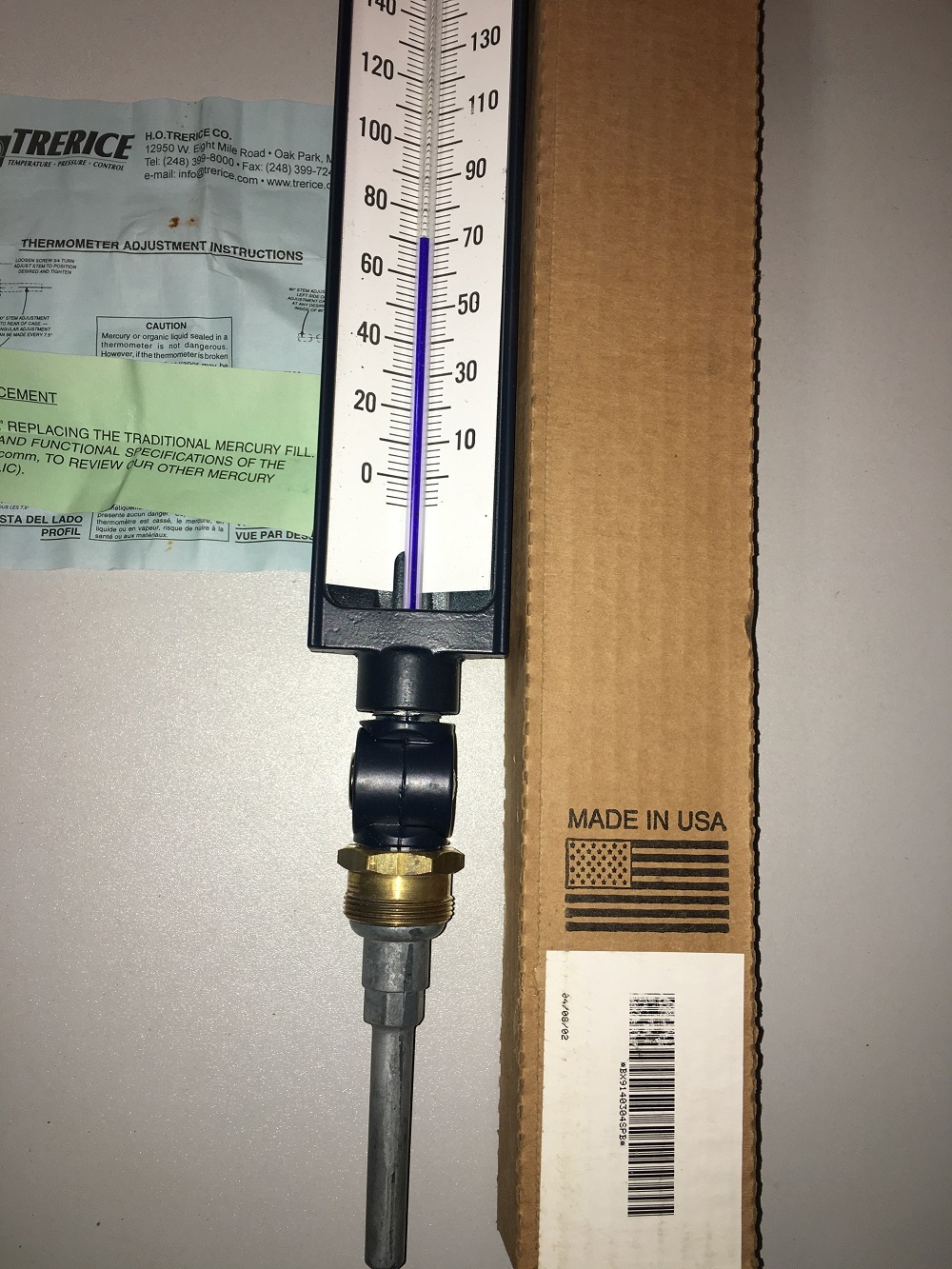 Trerice Industrial Thermometer BX9140304SPB 0-160F 3.5" Alum Stem Blue Spirit Fi