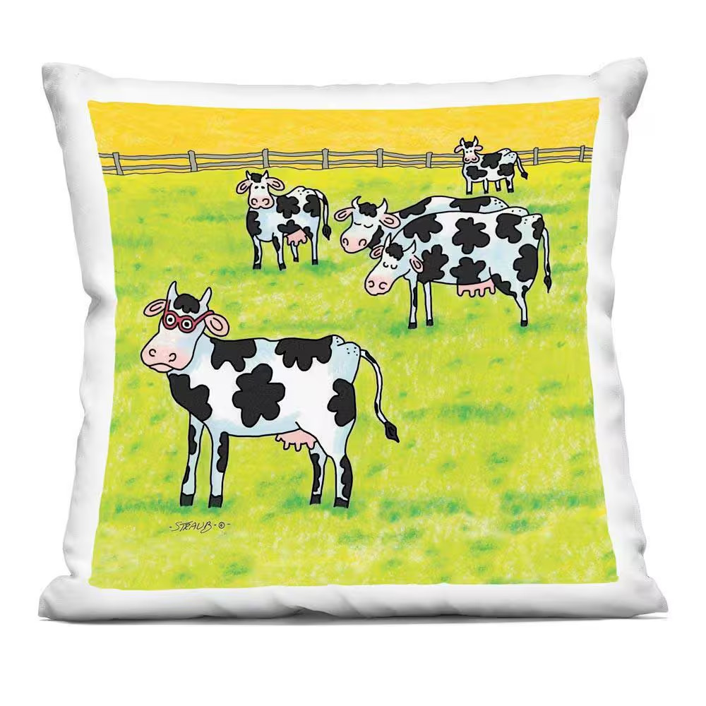 Funny Cow Herd with Specs Yellow Abstract Polyester 18 In. X 18 In. Throw Pillow
