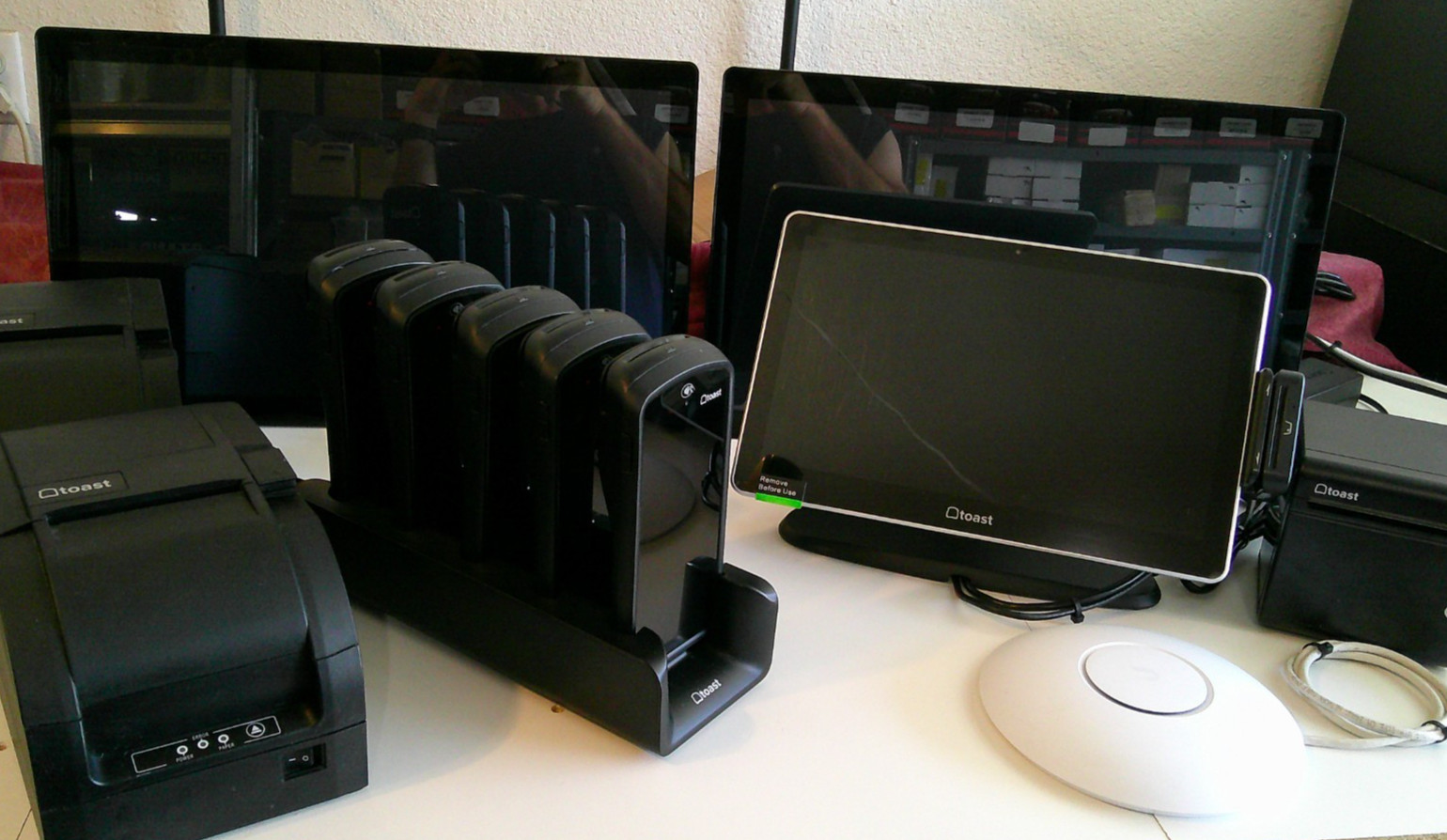 Toast Flex Restaurant System. POS, 5 Handheld Units, Printers, 22" Monitors