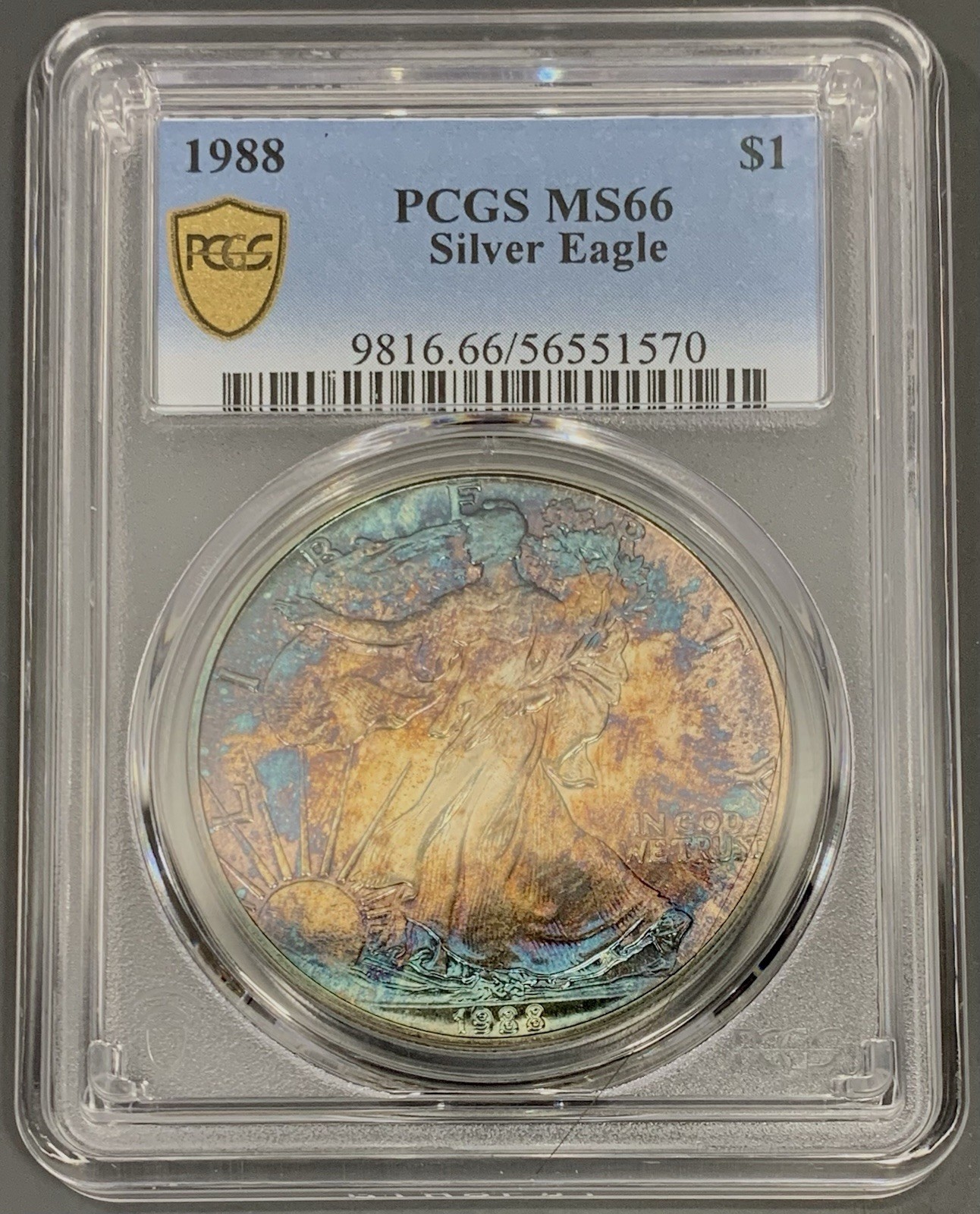 1988 PCGS MS66 American Silver Eagle Dollar $1 - Blue Speckled Toned