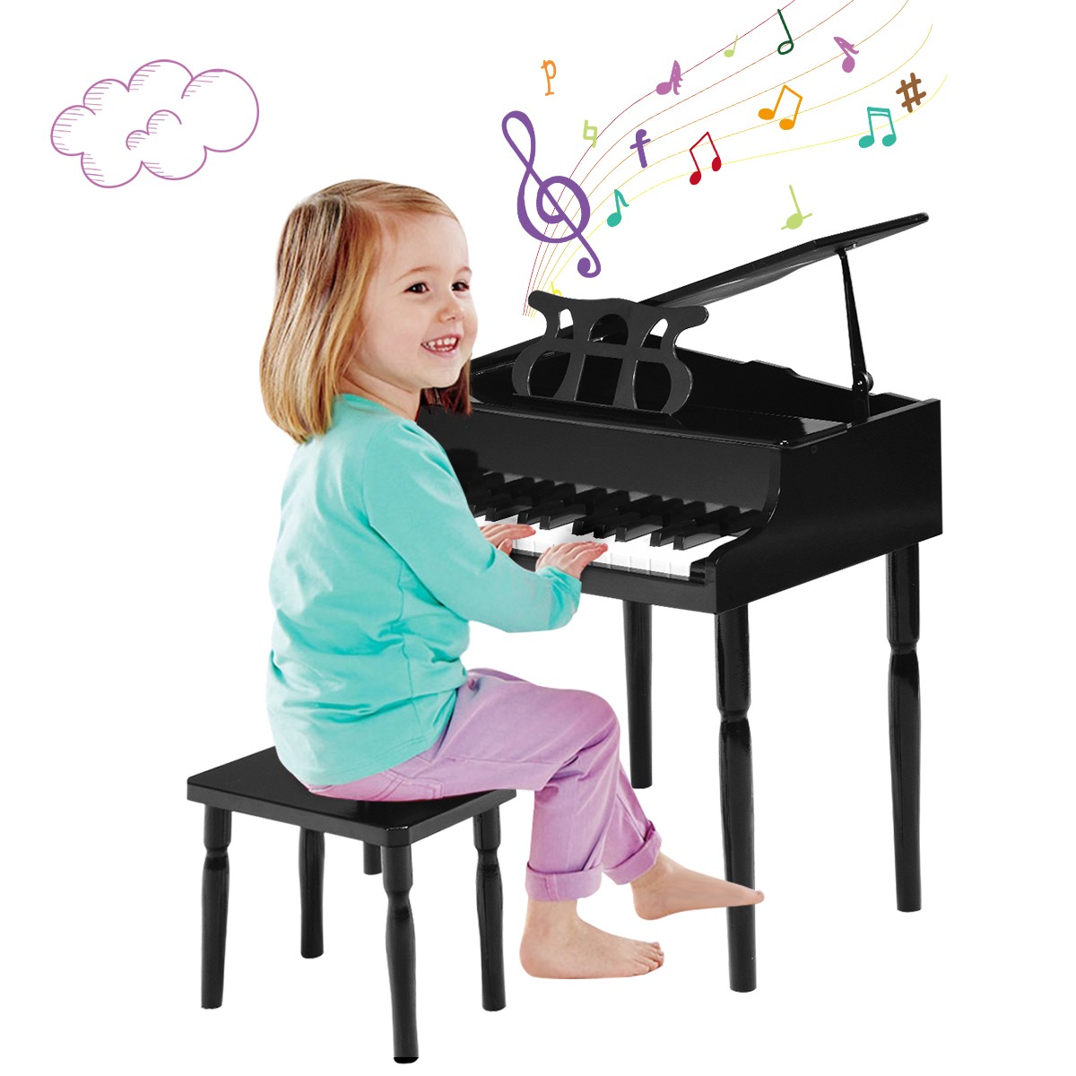30-Key Classic Baby Grand Piano Toddler Toy Wood with Bench & Music Rack Black