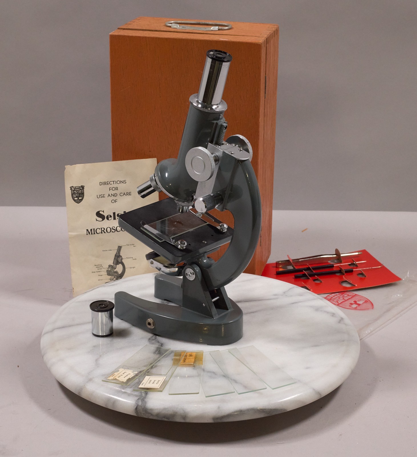 Selsi 1200x microscope with box and accessories. Immaculate condition.