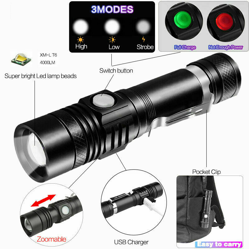Super Bright LED Tactical Flashlight Zoomable With Rechargeable Battery