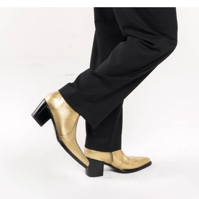 Mens Gold Real Leather Pointed Toe Side Zip Ankle Boots Shoes Party Boots 46