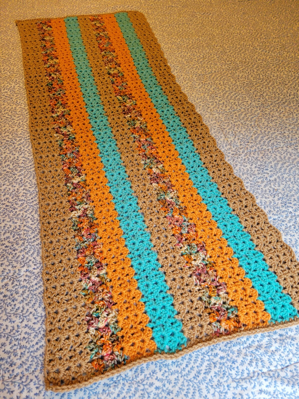 Hand Knit Wrap Shawl, 17"x48", Tan, Turquoise, Orange, Table Runner, Brand New