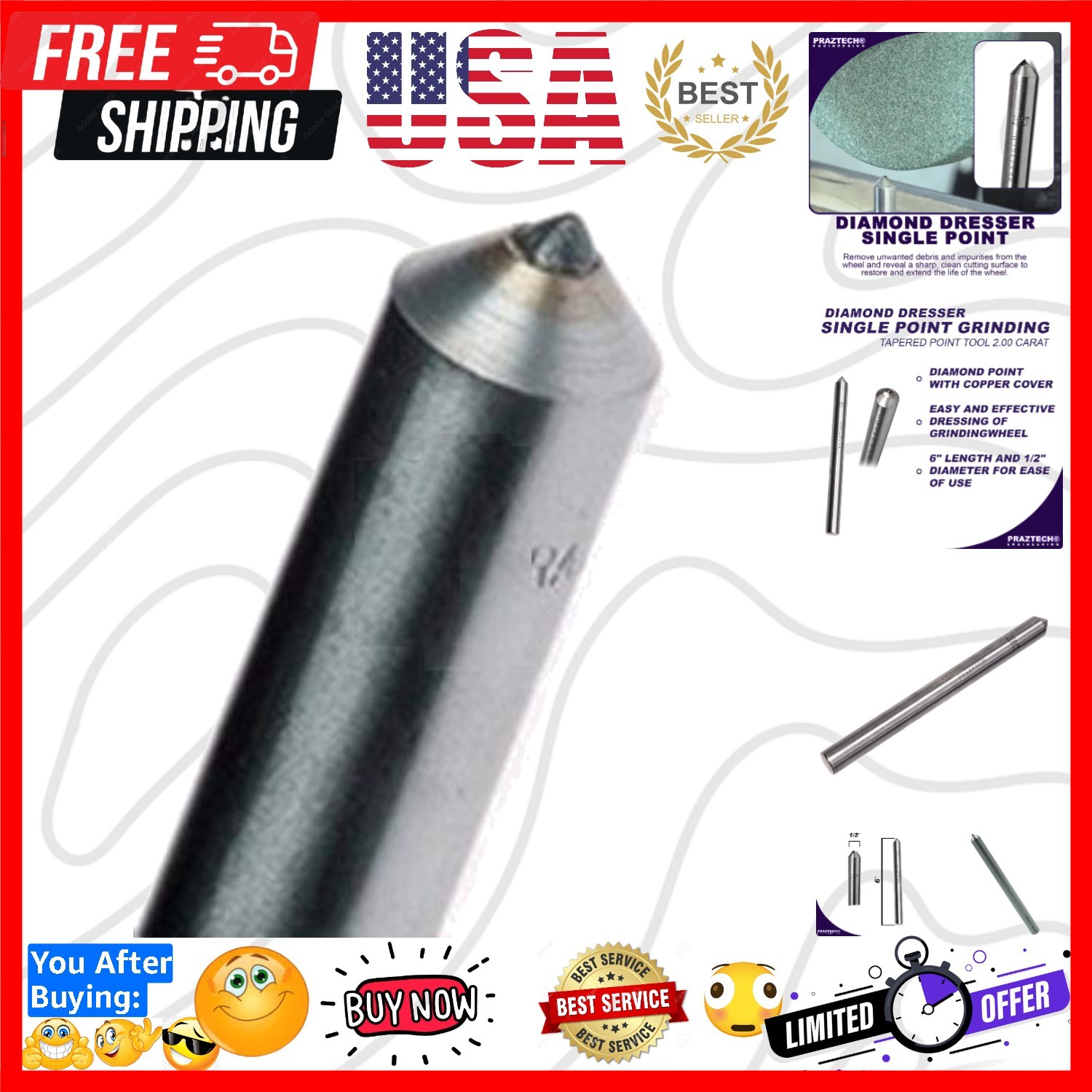 Diamond Dresser Single Point Grinding Wheel Tapered Point Tool 2.00 Carat - 1...