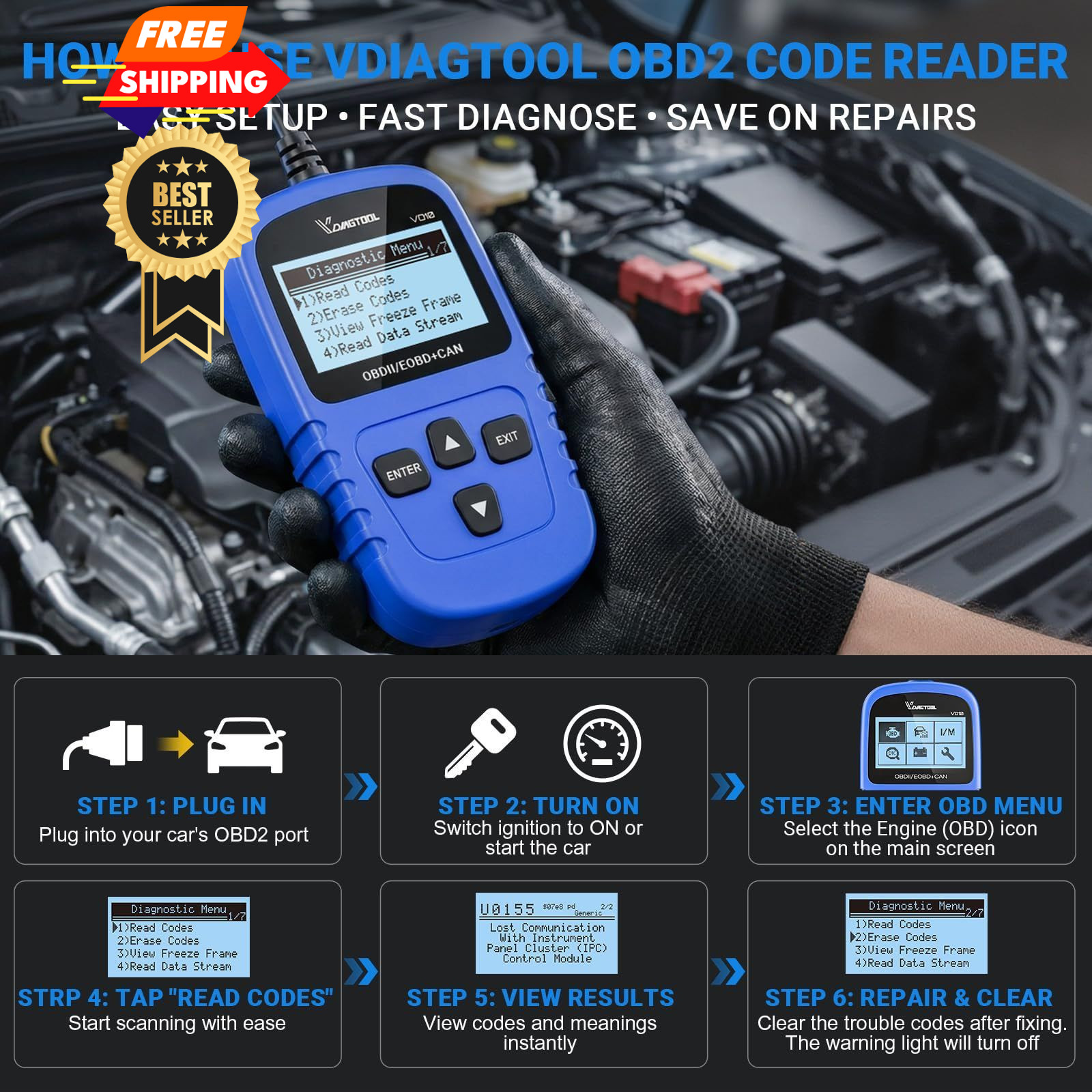 VDIAGTOOL VD10 OBD2 Scanner Code Reader Car Diagnostic Tool Engine Fault Blue