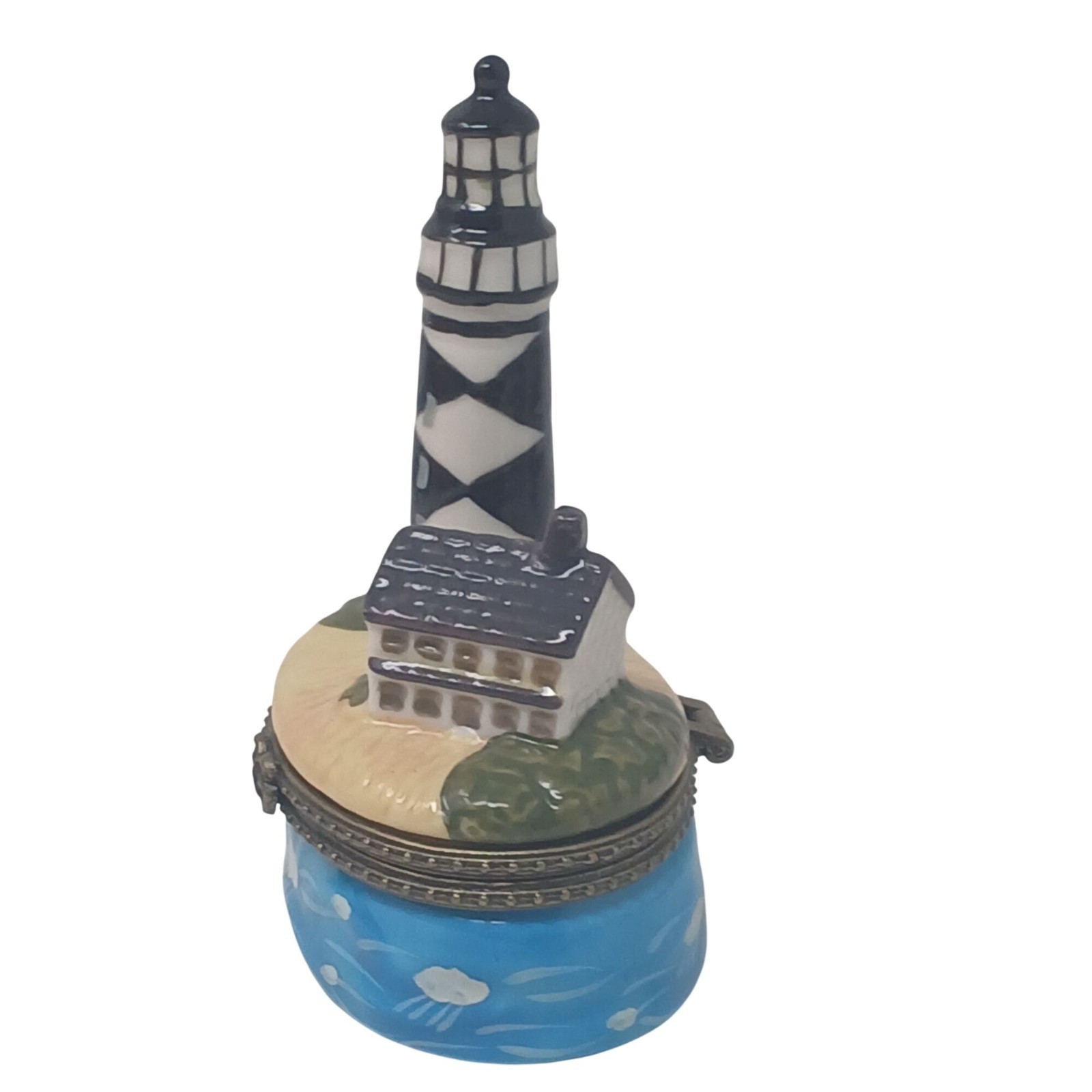 Lighthouse Porcelain Trinket Box Coastal Scene Bronzetone Hinged Closure #S-2