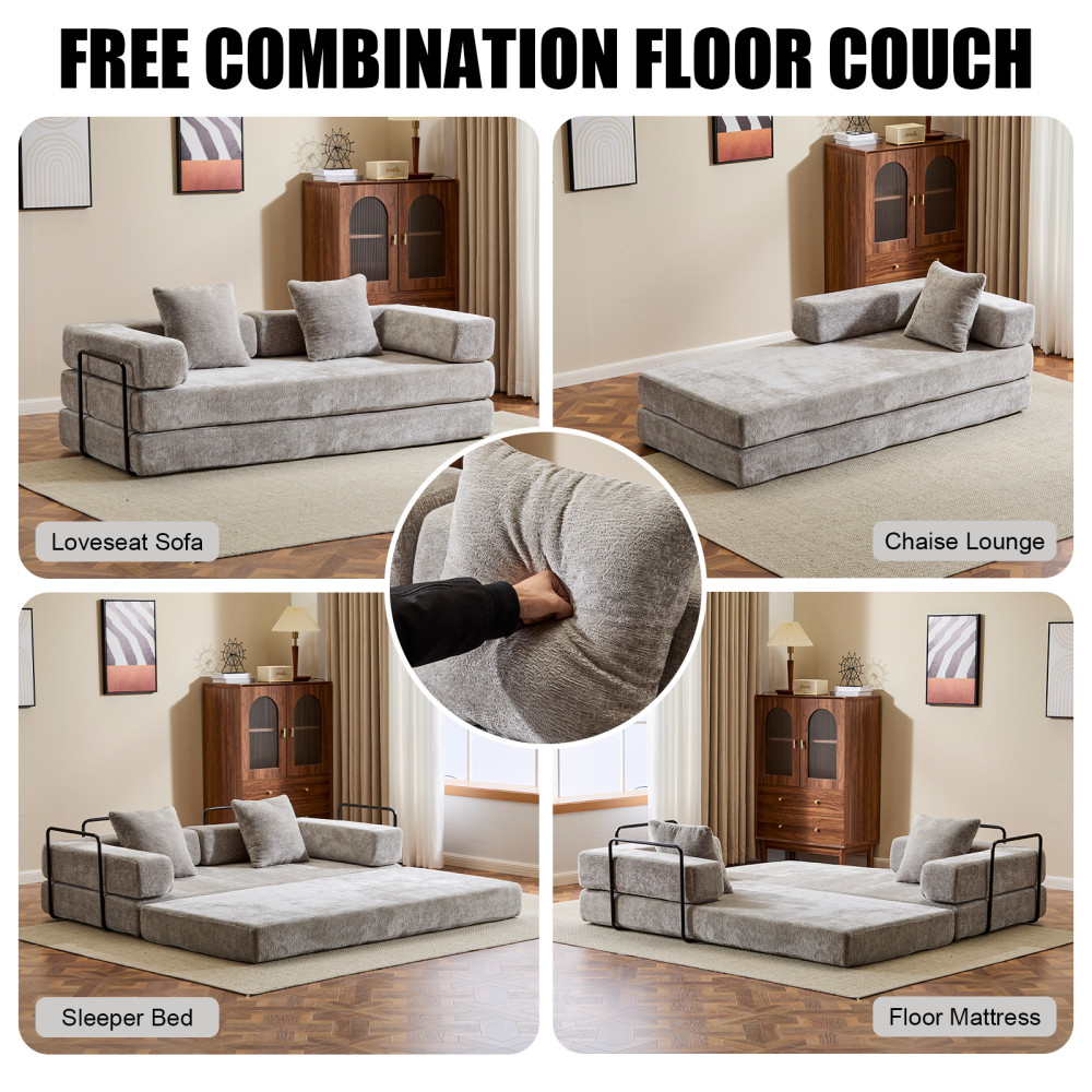 3 Seat Convertible Floor Sofa Bed with Memory Foam - Chenille Futon Couch