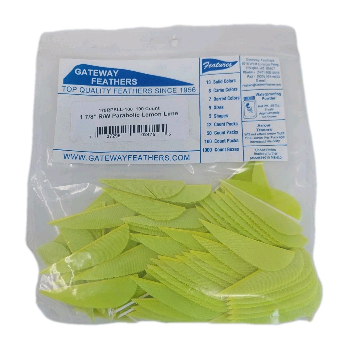 100 Pack Gateway Feathers 1 7/8" Right Wing: Parabolic Lemon Lime  178RPSLL-100