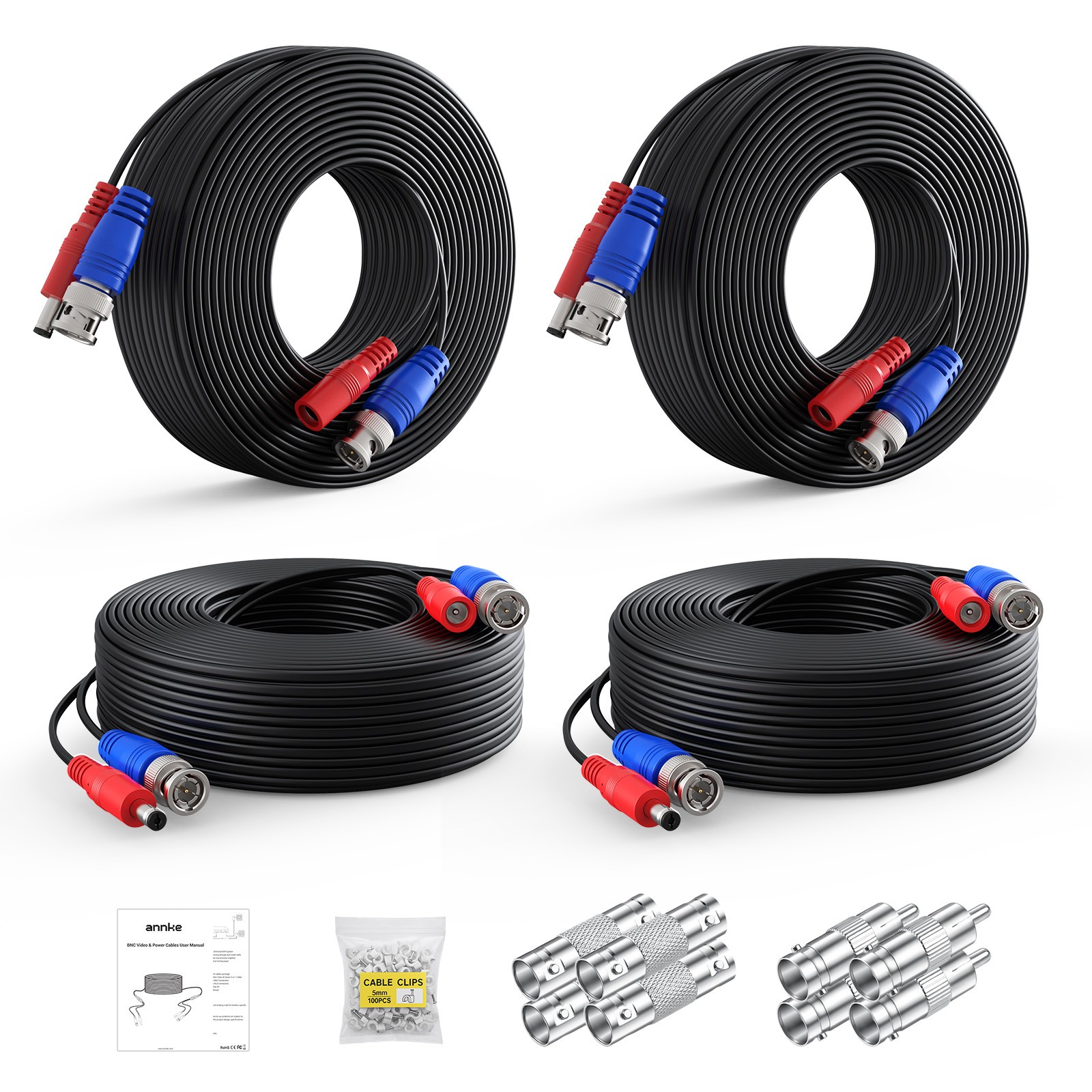 ANNKE 4x 30M 100ft BNC Video Power Cable Cord Extend Connector for Camera System