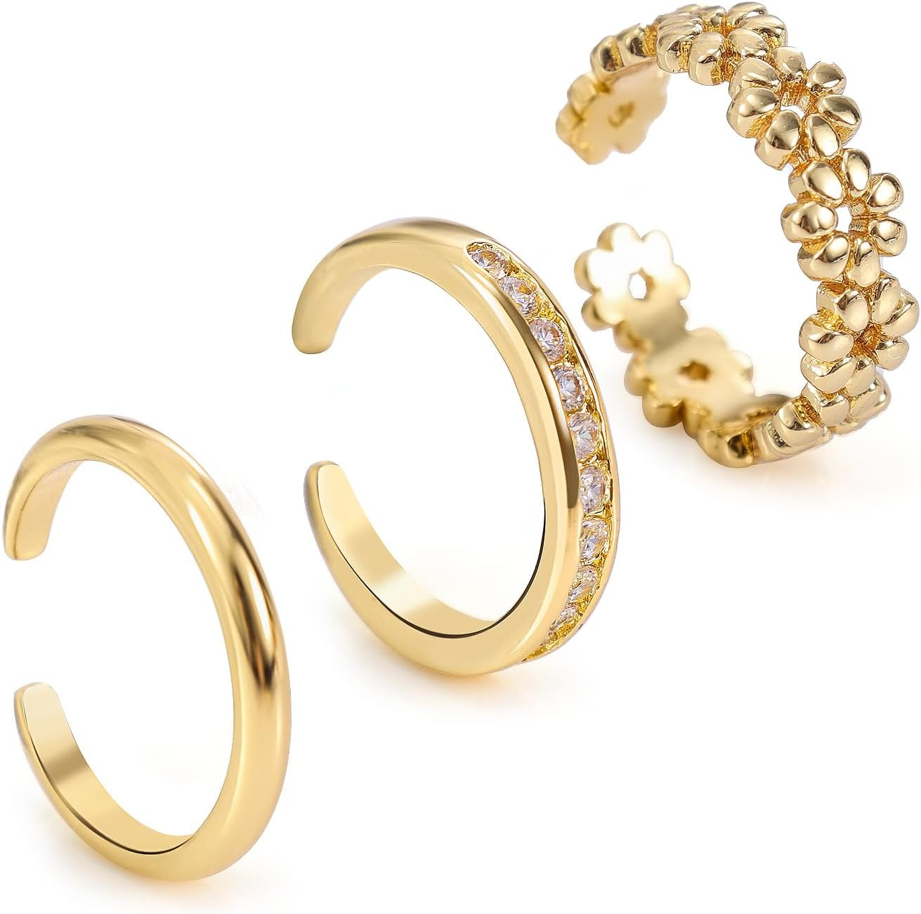 3pcs Toe Rings Set for Women, Gold Filled No Fading Adjustable 3 Styles Flowe...