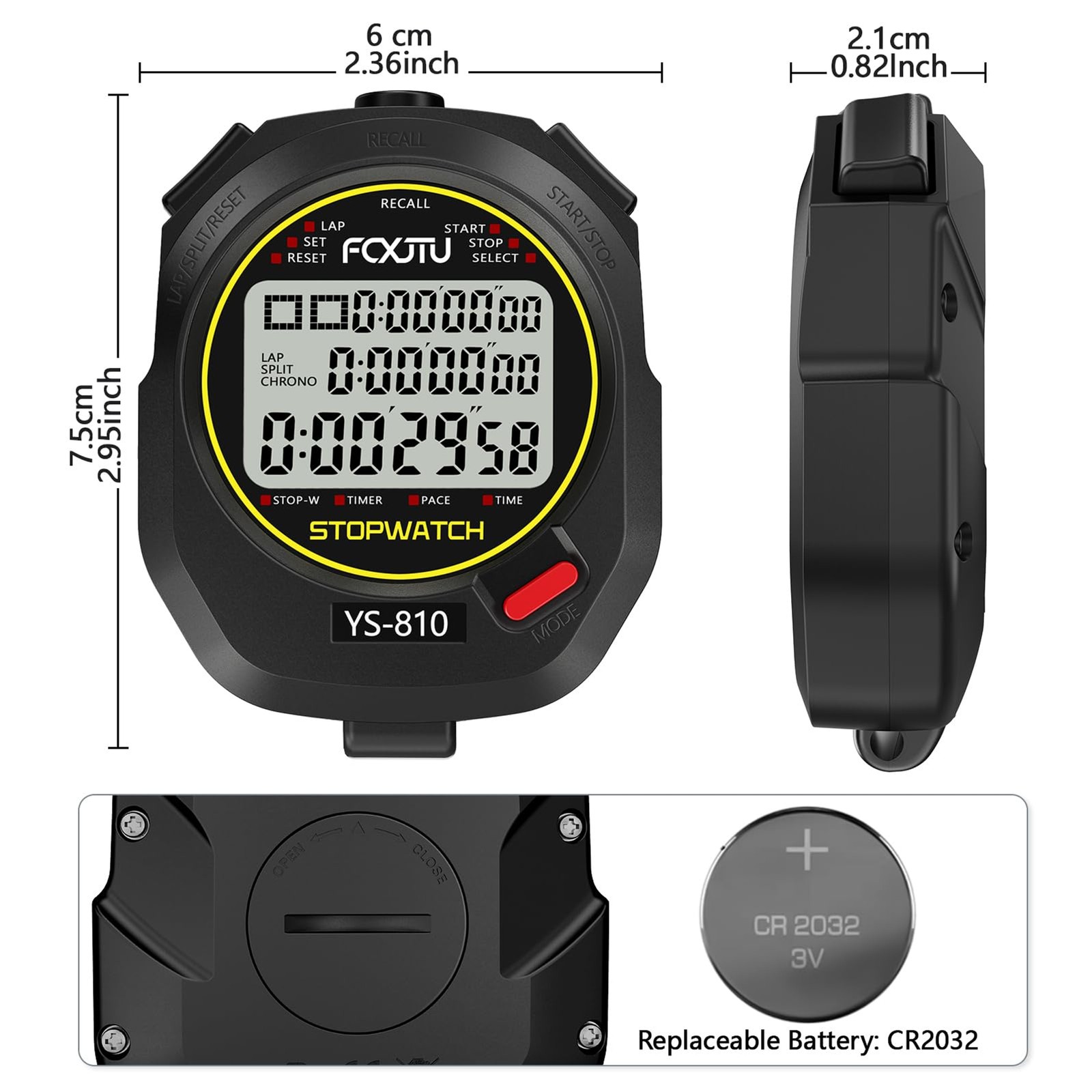 Professional Stopwatch Timer, 3-Row 10 Lap/Split Memory Count up/Down Timer, Ext