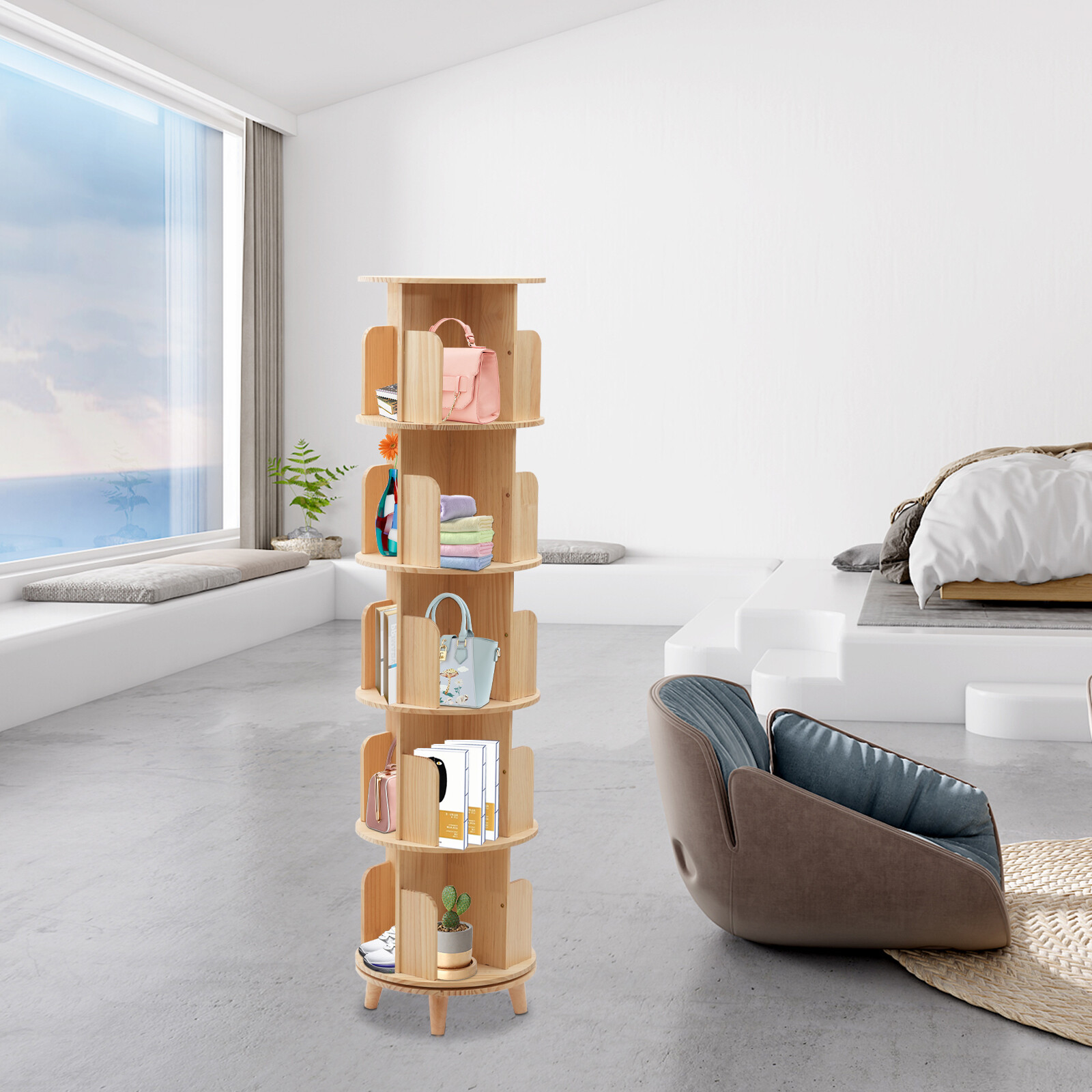 5-Layer Rotating Bookshelf Wood Bookcase Storage Shelf Freestanding Display Rack