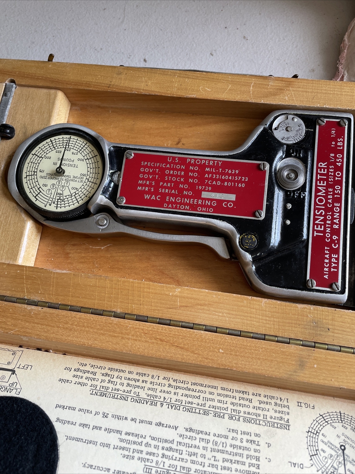 1950's U.S. AIRCRAFT CONTROL CABLE TENSIOMETER TYPE C-9 Tension