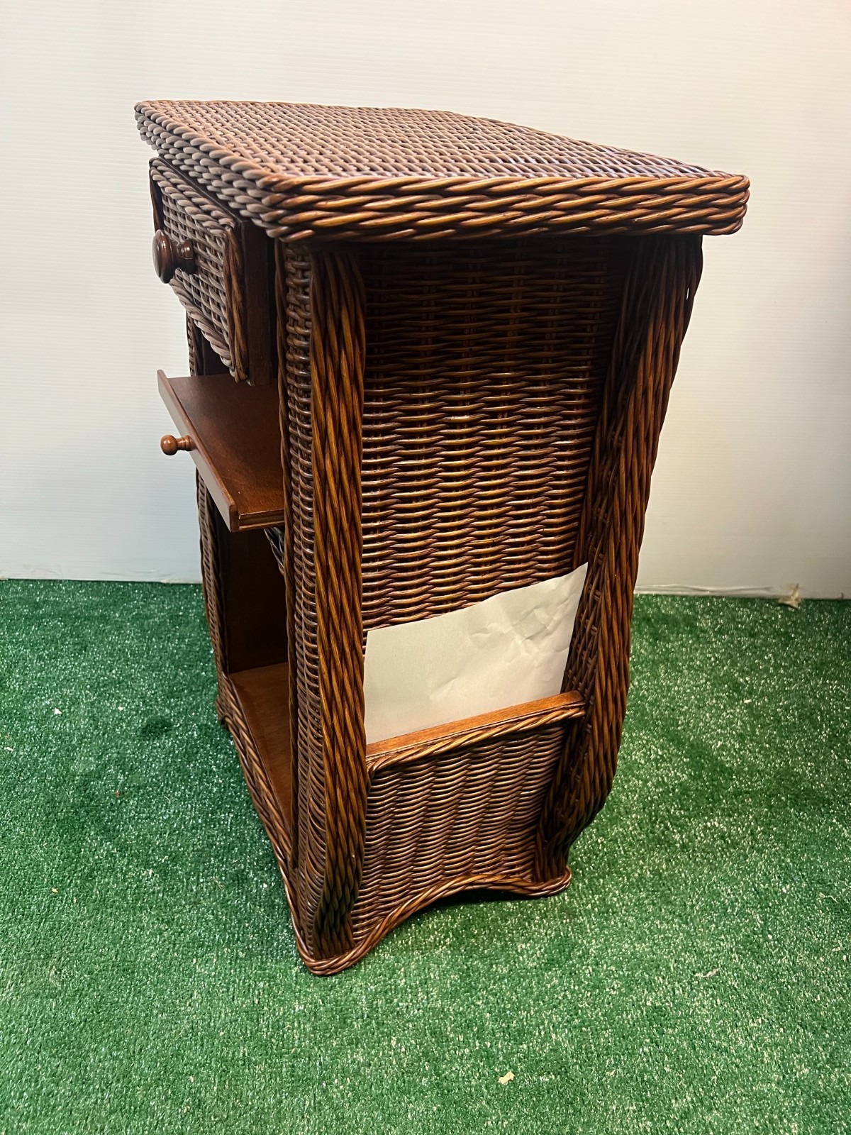 Vintage Wicker Table with Drawer - Dark Pecan, Antique Style, Pullout Shelf
