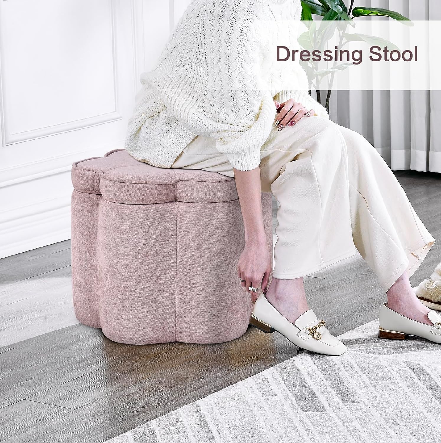 Small Pink Storage Ottoman Flower Shape Chenille Ottoman Pouf