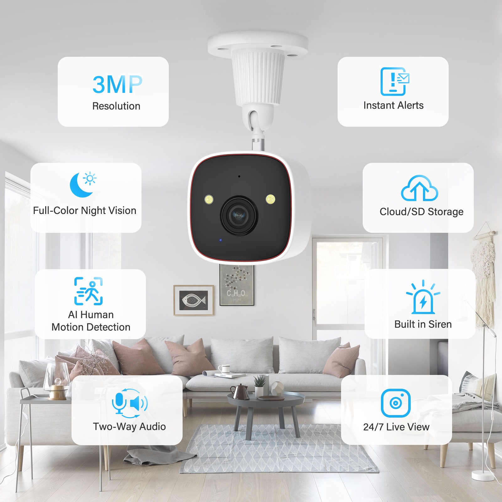Smart Wireless WiFi Security Camera System Indoor Night Vision 3MP 2-Way Audio