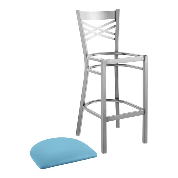 10 PACK Cross Back Clear Coat Metal Restaurant Barstool With Blue Vinyl Seat