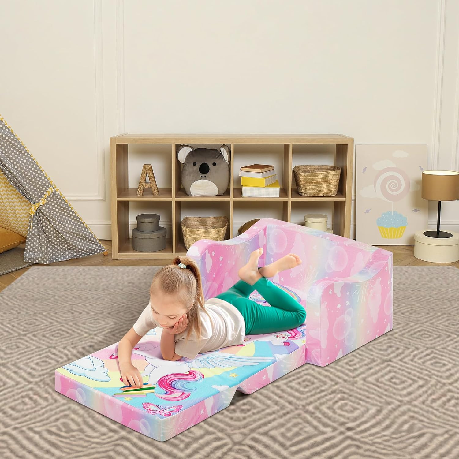 Comfy Kids Couch, 2-In-1 Folding Kids Sofa Bed for Toddler Girls, Convertible So