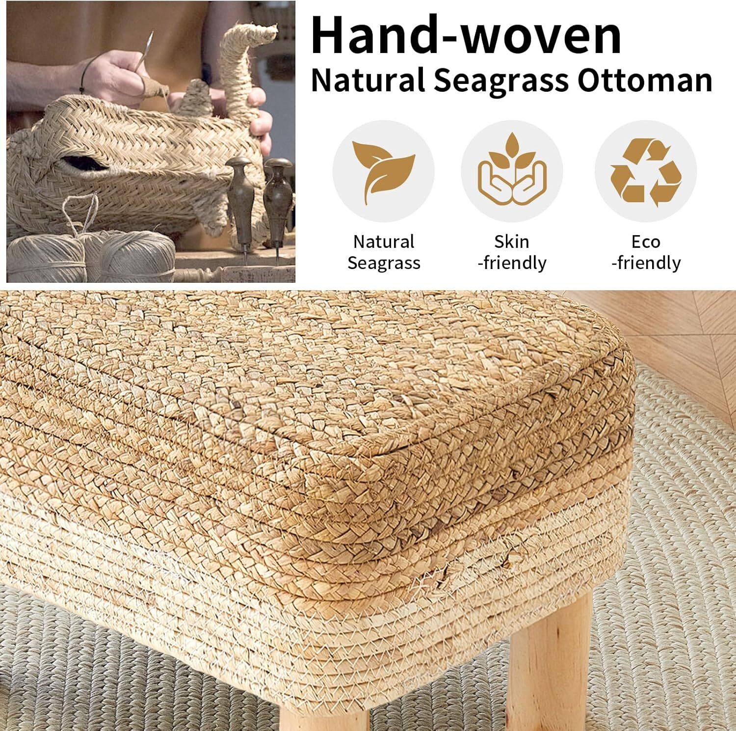 Rectangular Footstool Seagrass Footstool, Hand-Woven Dressing Stool, White
