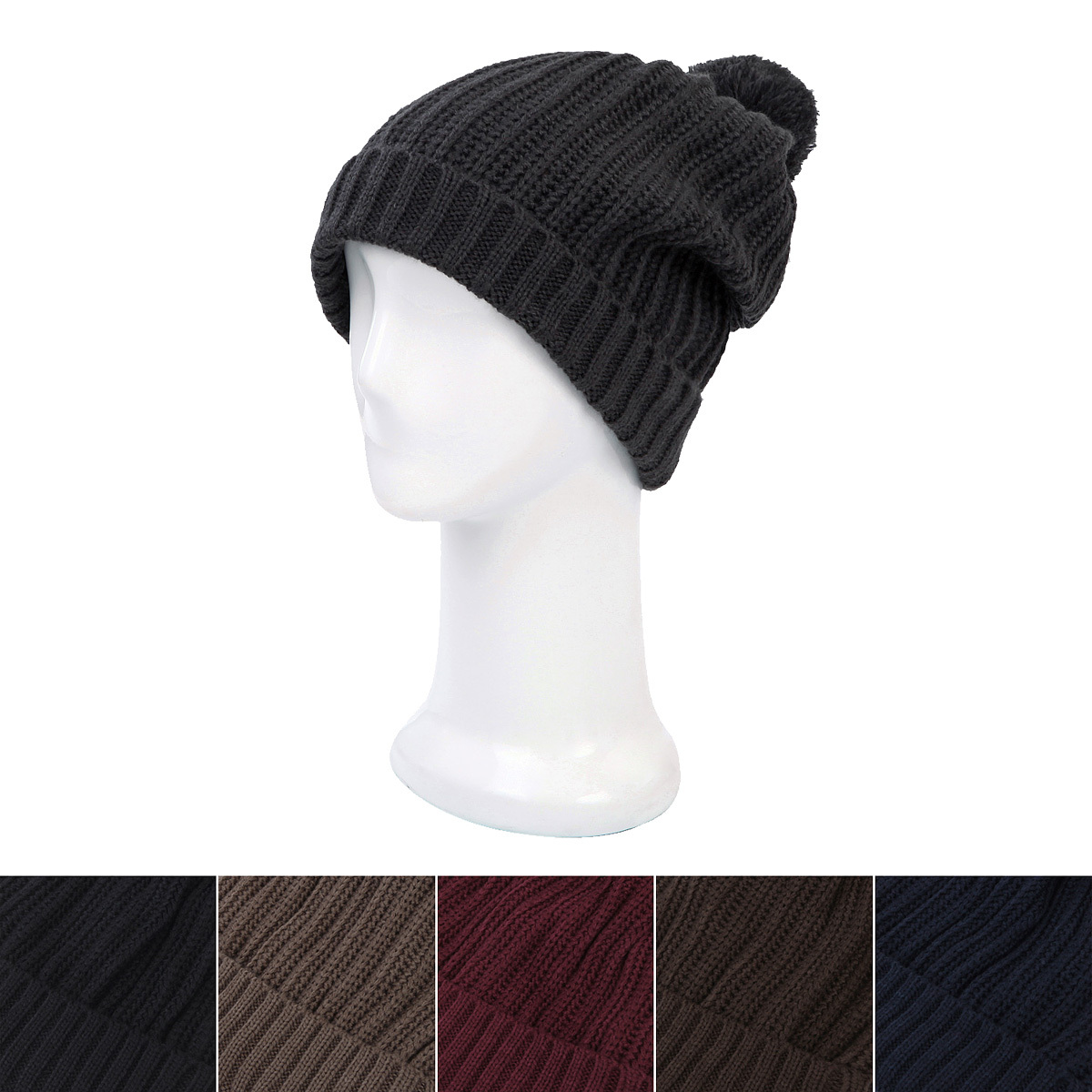 Premium Ribbed Knit Solid Color Winter Beanie Hat w/ Pom Pom - Diff Colors