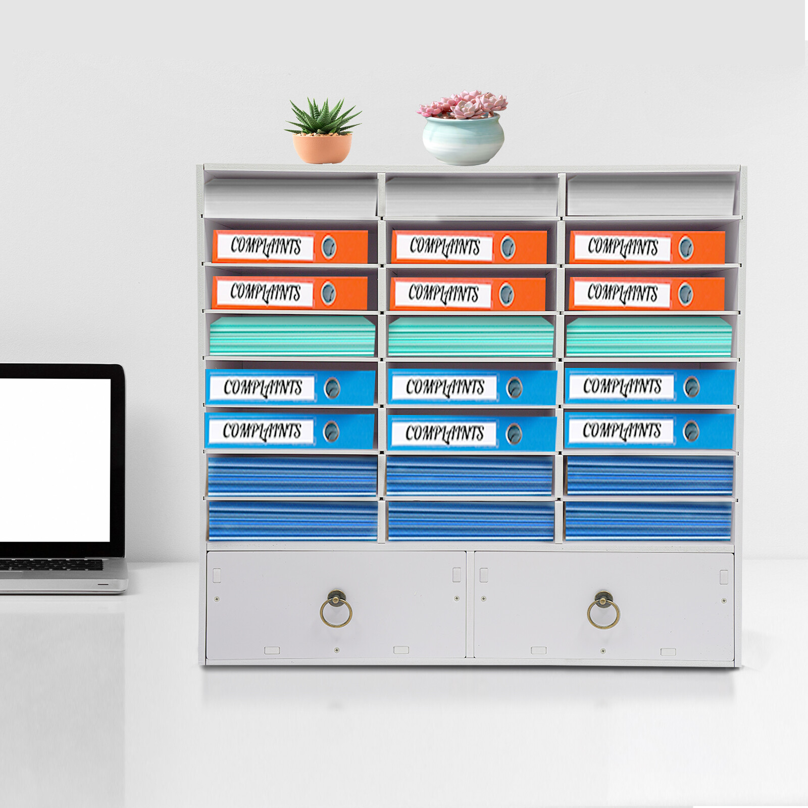 24 Compartments Paper and Mail Organizer Storage Cabinet and 2 Drawers