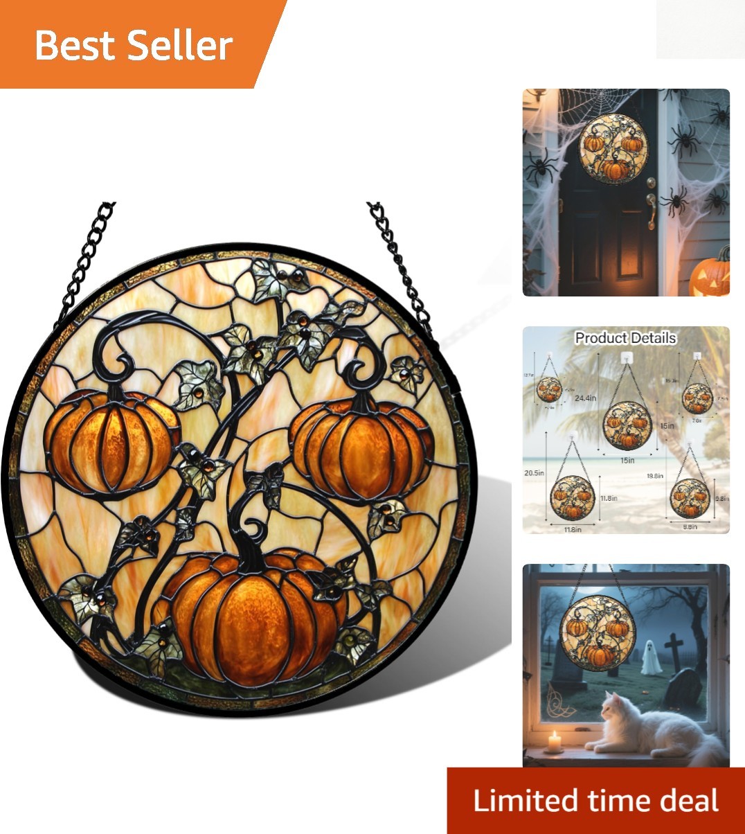 Vibrant Stained Glass Window Hanging - Spooky Pumpkin Suncatcher for Halloween