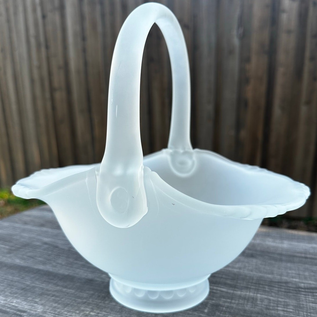 Indiana Glass Large 11" Vintage Tiara Satin Frosted Glass Basket 'MD' Stamp