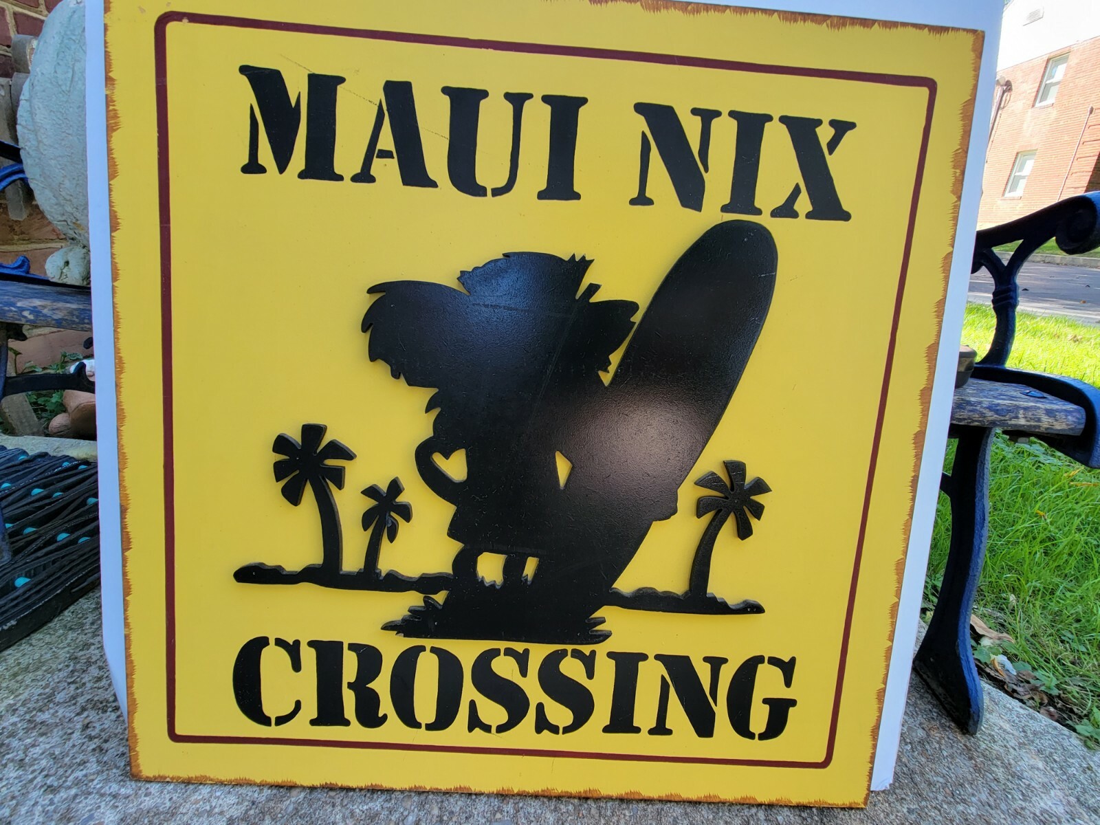 Maui Nix Crossing Yellow Surf Shop Wood Square Sign Surfing Beach Man Cave 18x18