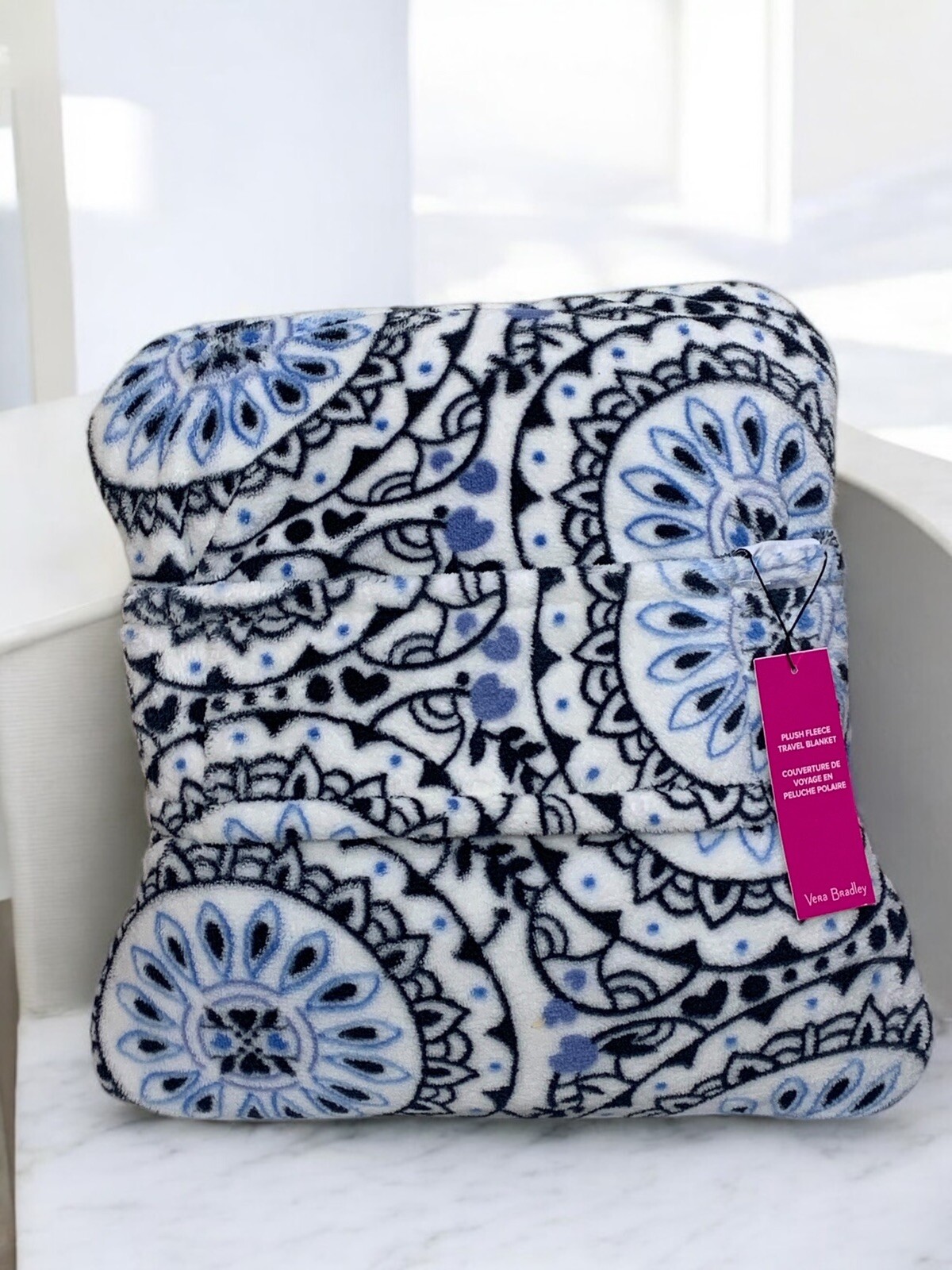 Vera Bradley Travel Blanket Mini Sketched Medallion Fleece Pillow 60"x 45"