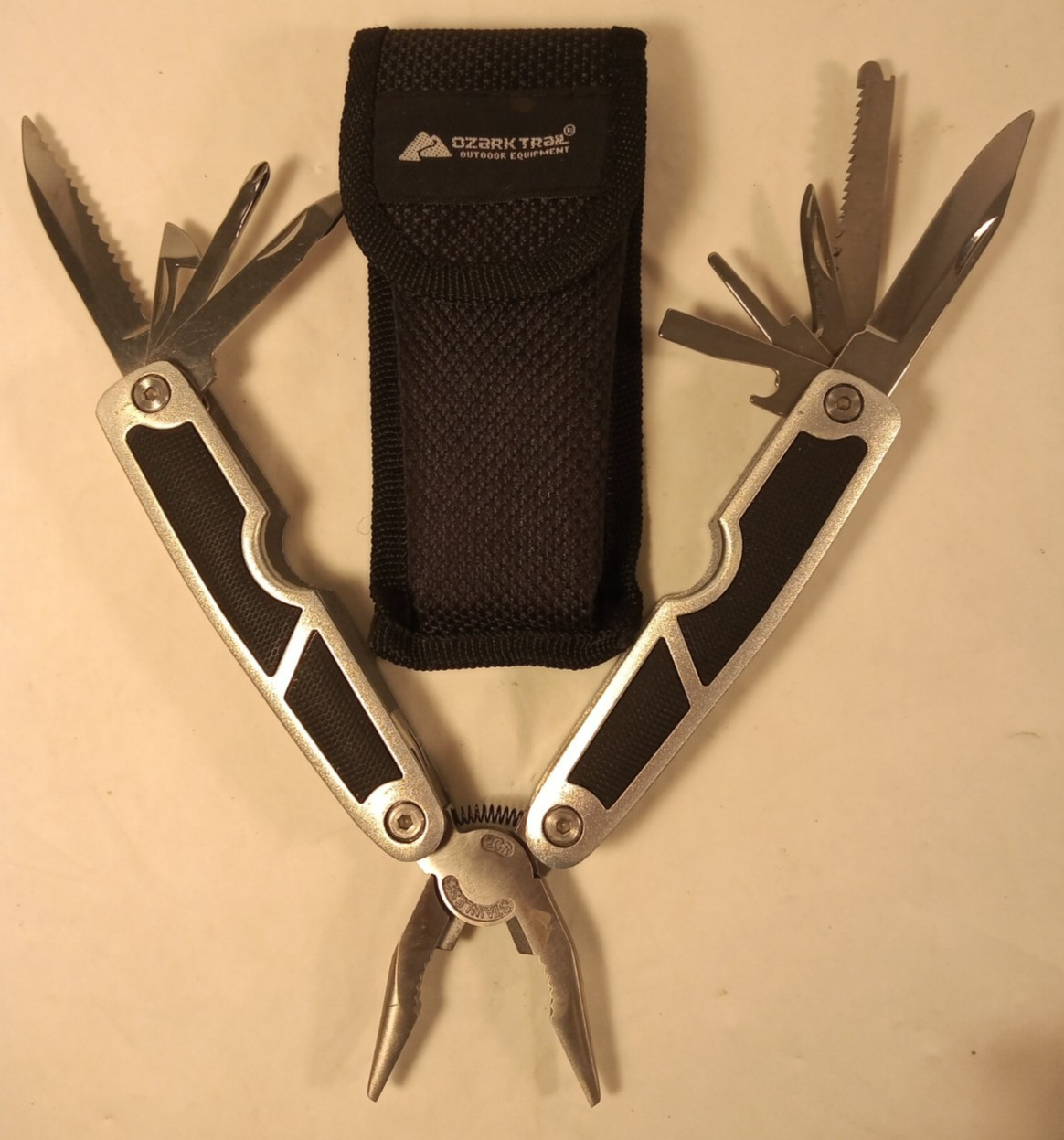 Ozark Trail Large Multi Tool Pliers Knives Saw Screwdrivers Openers Black Handle