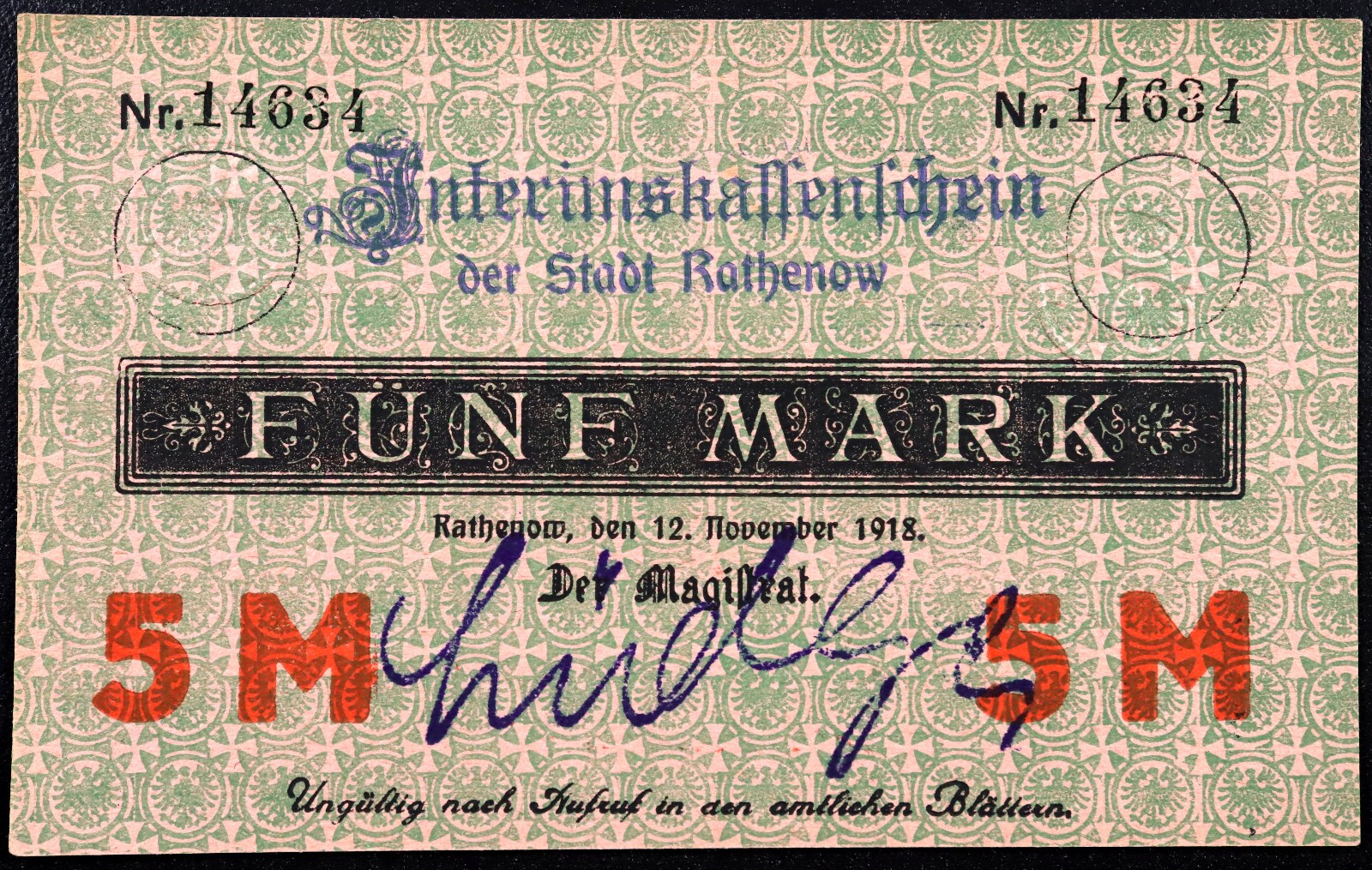 RATHENOW 1918 5 Mark Grossnotgeld German Notgeld