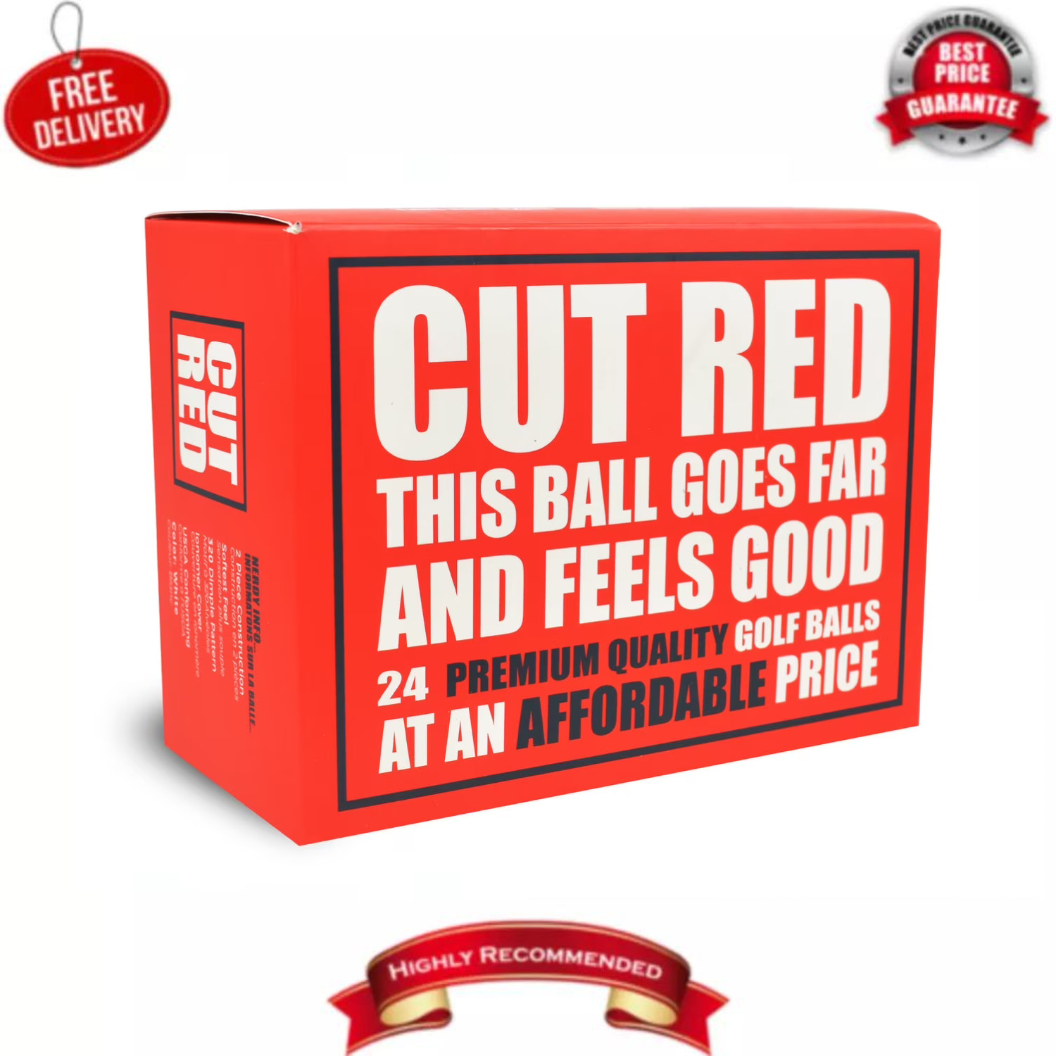 Cut Golf Red 2 Piece Ionomer Golf Balls, 24 pack, White