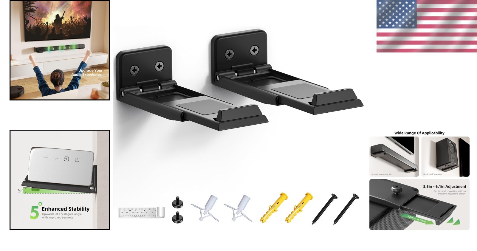 Versatile Adjustable Soundbar Mount - For Wall, TV, or Bookshelf Use, Black