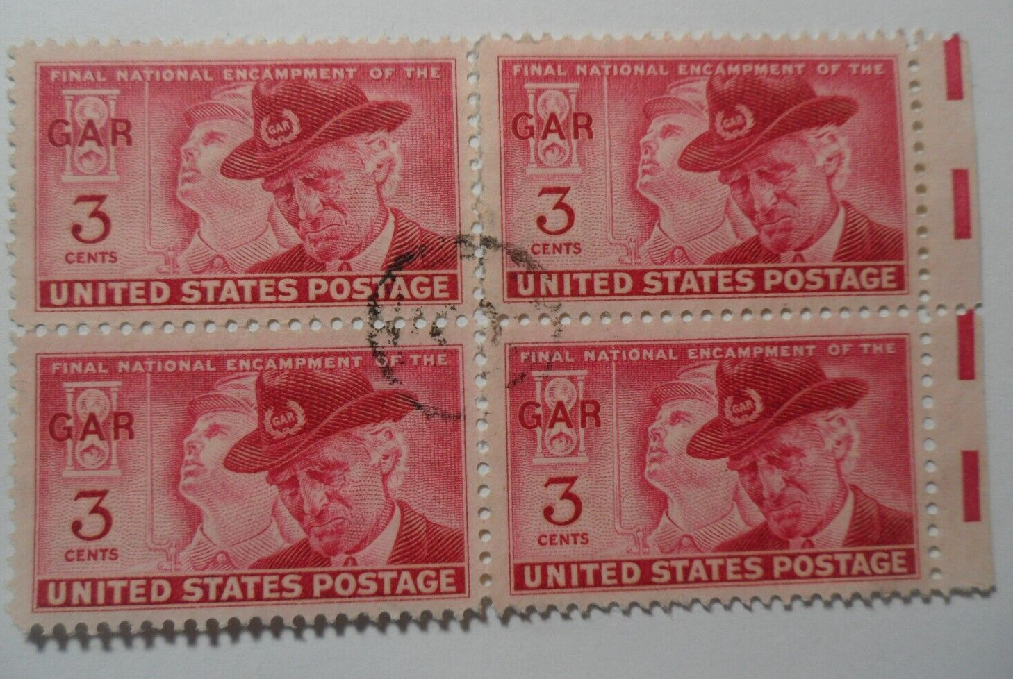 STAMPMART : USA 1949 SC#985 3¢ "GAR" BLOCK OF 4 FINE USED