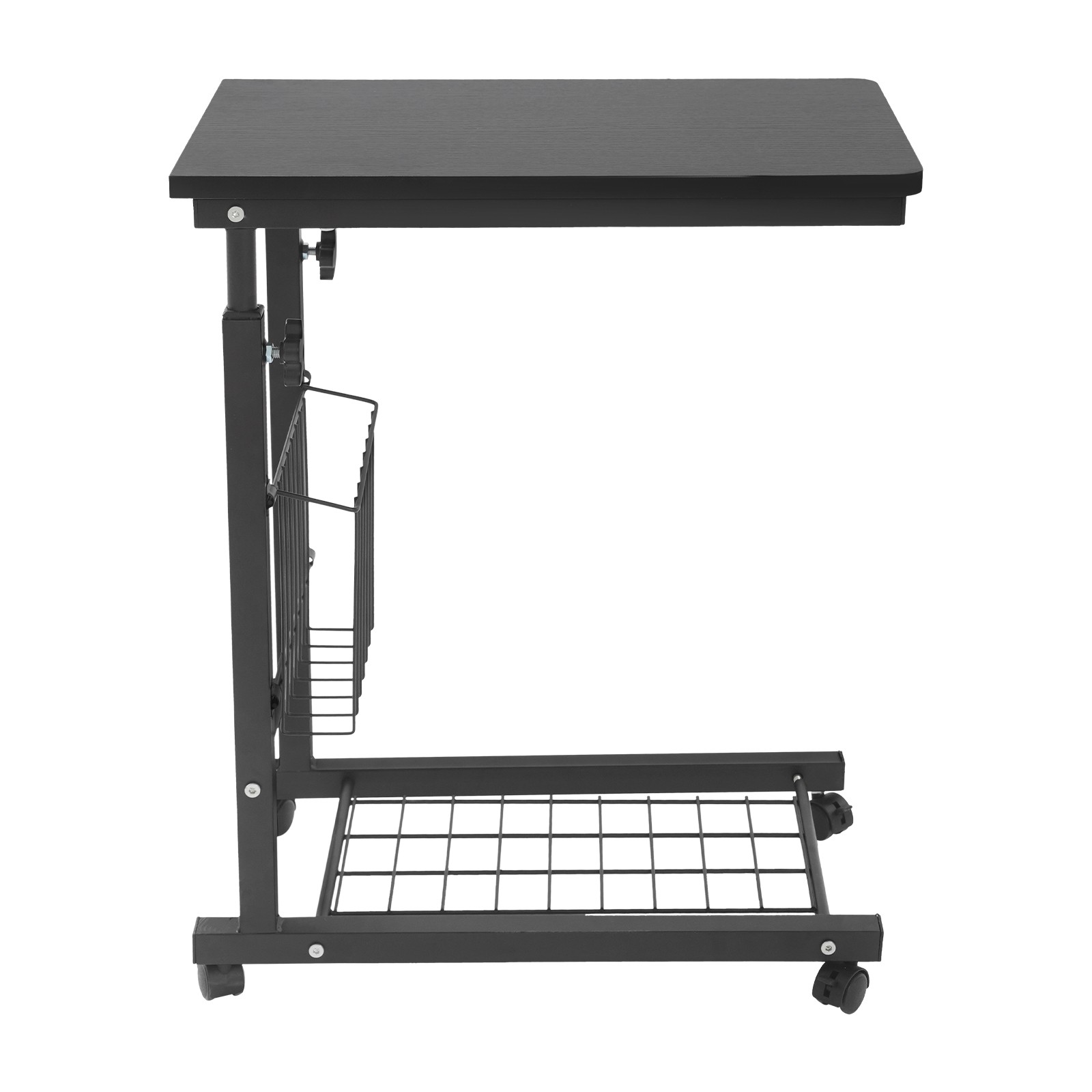 2 Tiers Adjustable Bed Side Table Black Indoor Mobile Standalone Table w/ Wheels