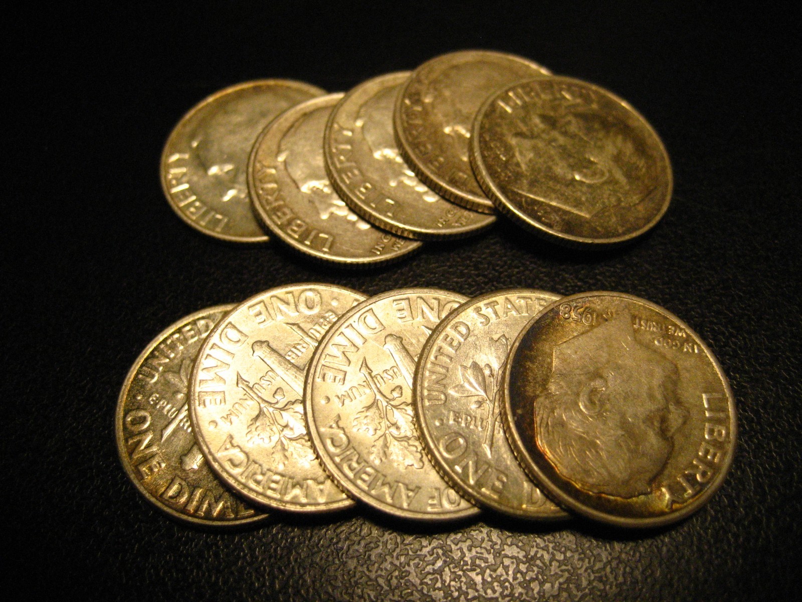 10 Pieces 1958-P 90% Silver Roosevelt Head Dimes Some AU/BU