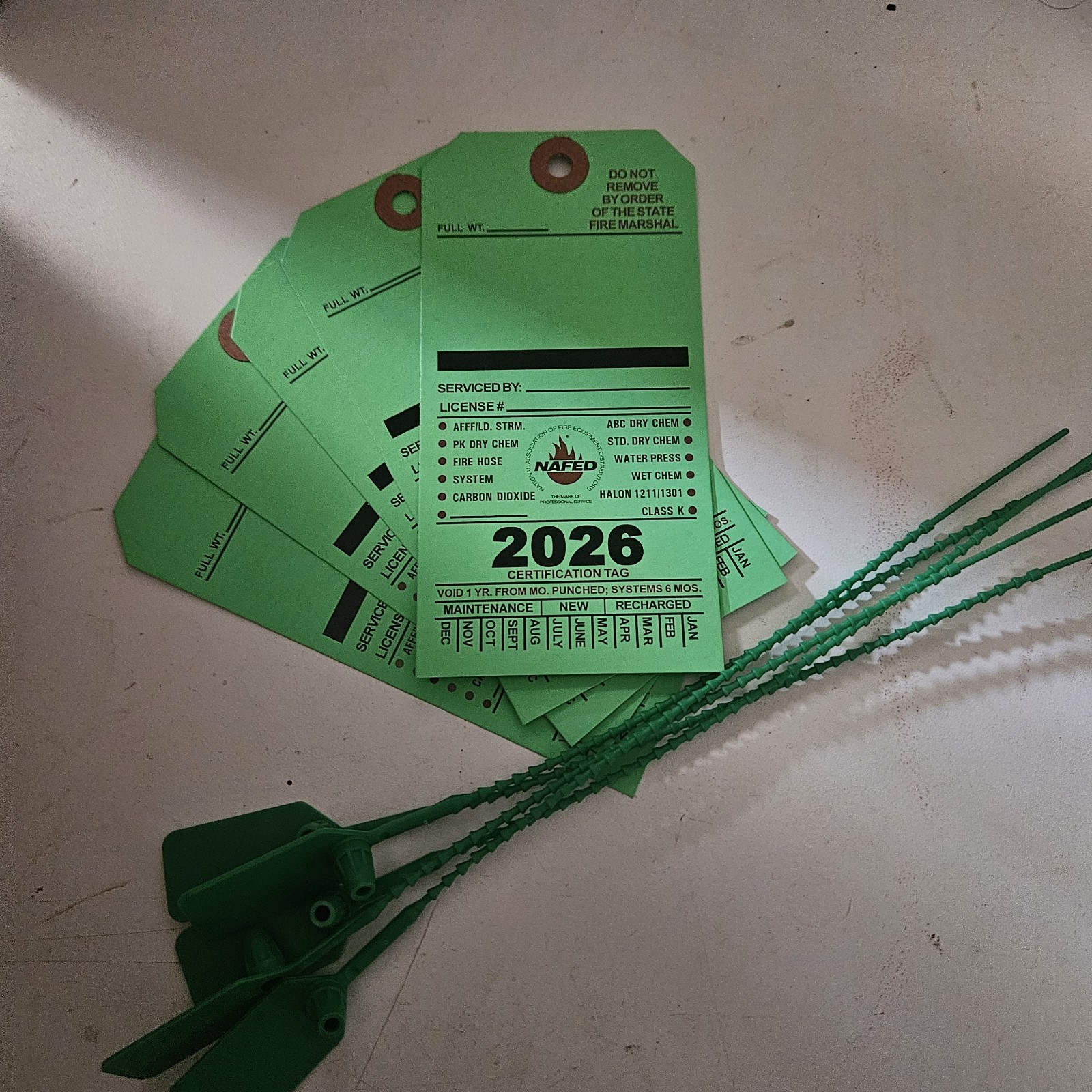 5-2026 Green FIRE INSPECTION Double Sided Tags 5 1/4" X 2 ½"