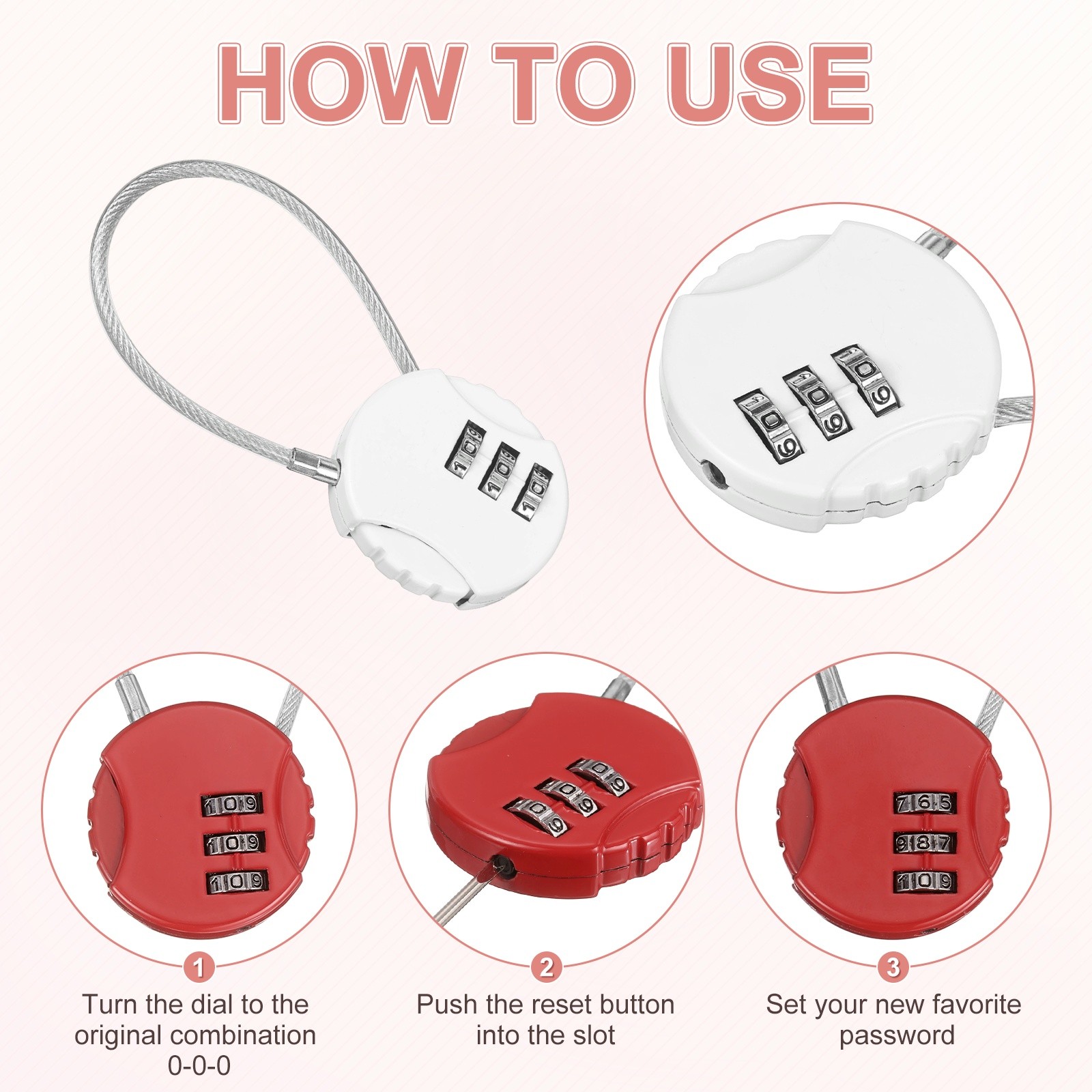 3-Pack Combination Locker Lock, 3 Digit Padlock for Gym/Luggage [White]