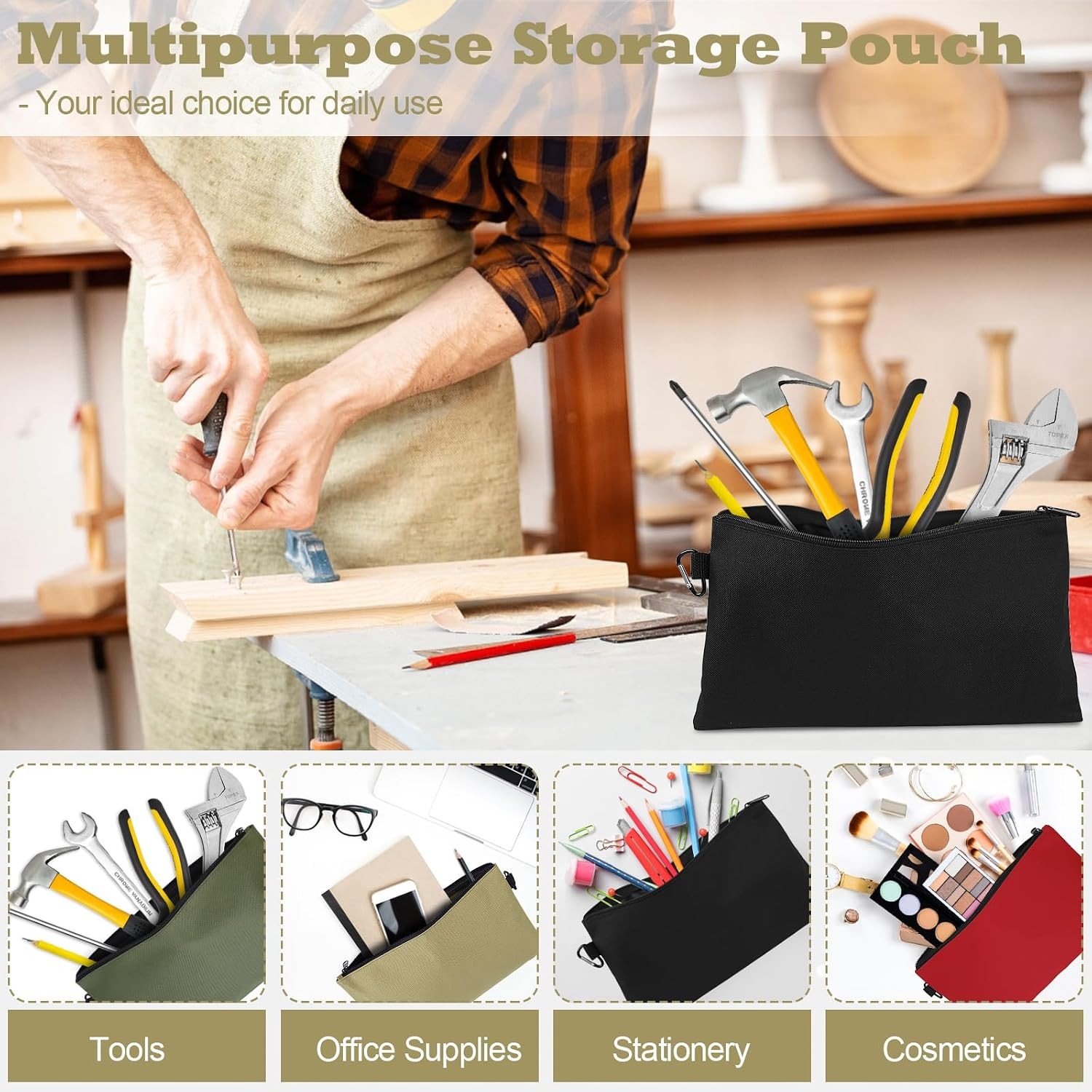 4 Pack Tool Bag, Premium Tool Pouch Zipper Bag, 12" Tool Pouch with Zipper, Mult