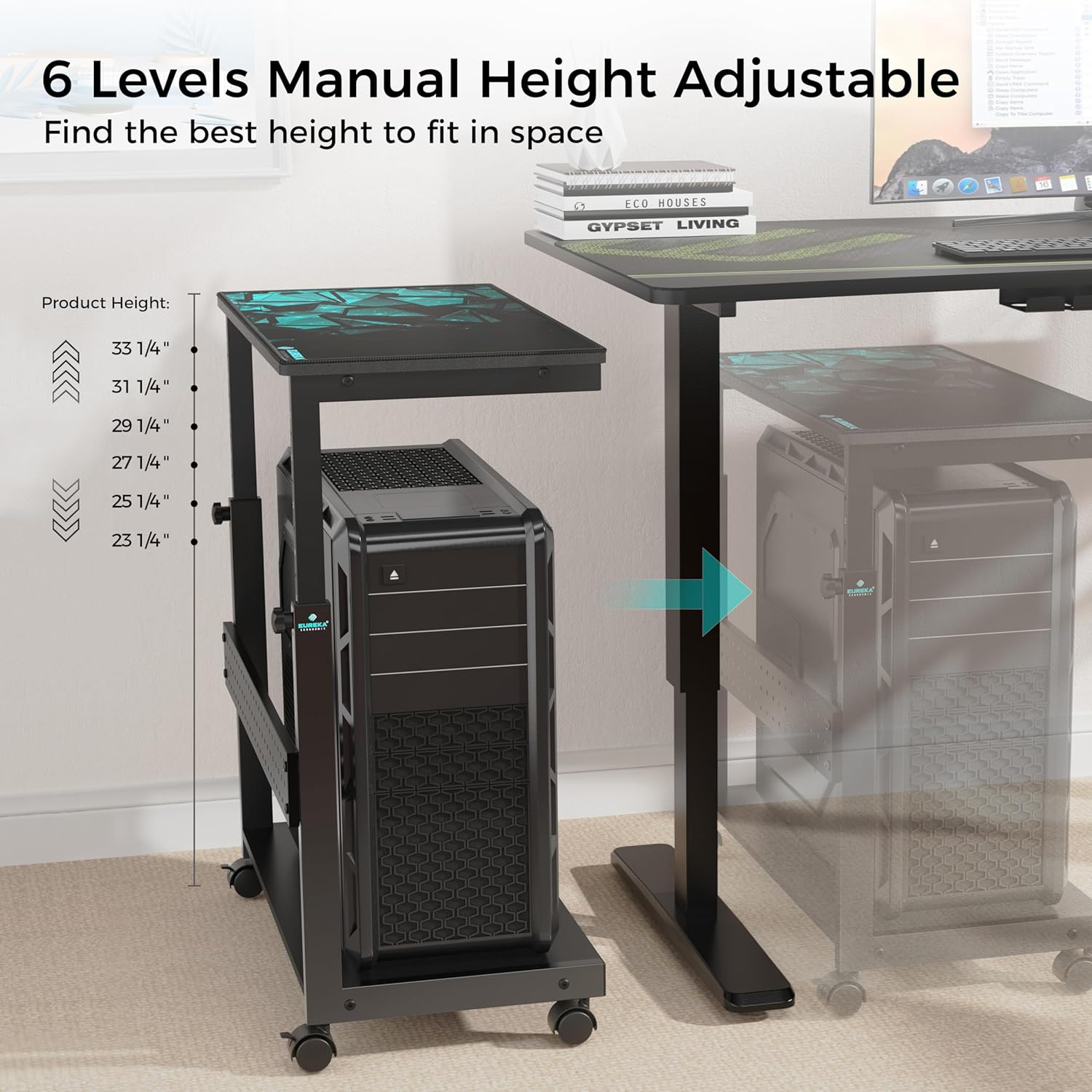 PC Stand Computer Cart, Height Adjustable Tower Stand 2-Tier Suit for ATX Case P