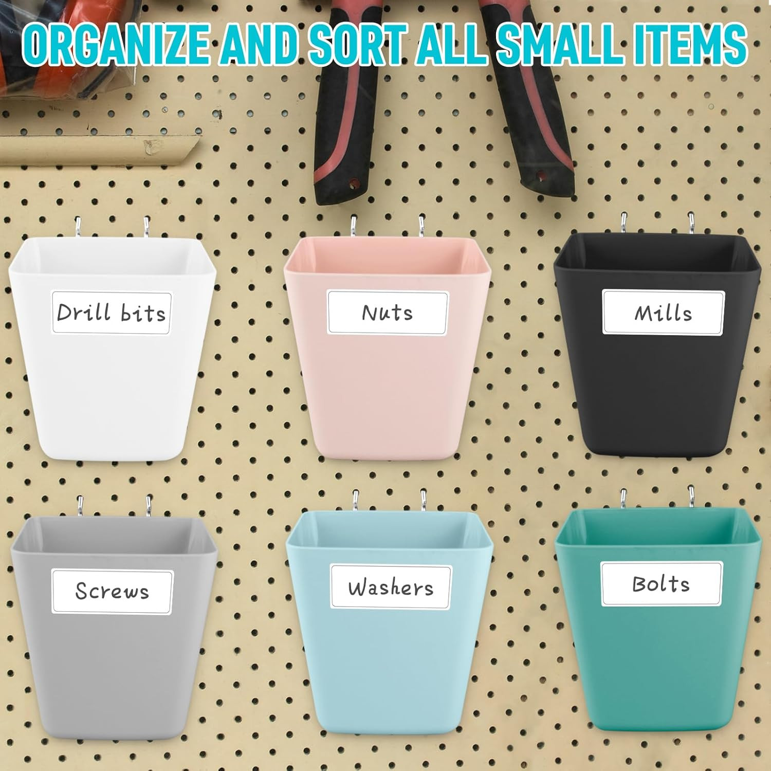 Large Pegboard Cups Peg Board Storage Bin 6 Pack with Hooks, Square Box Shape Pe