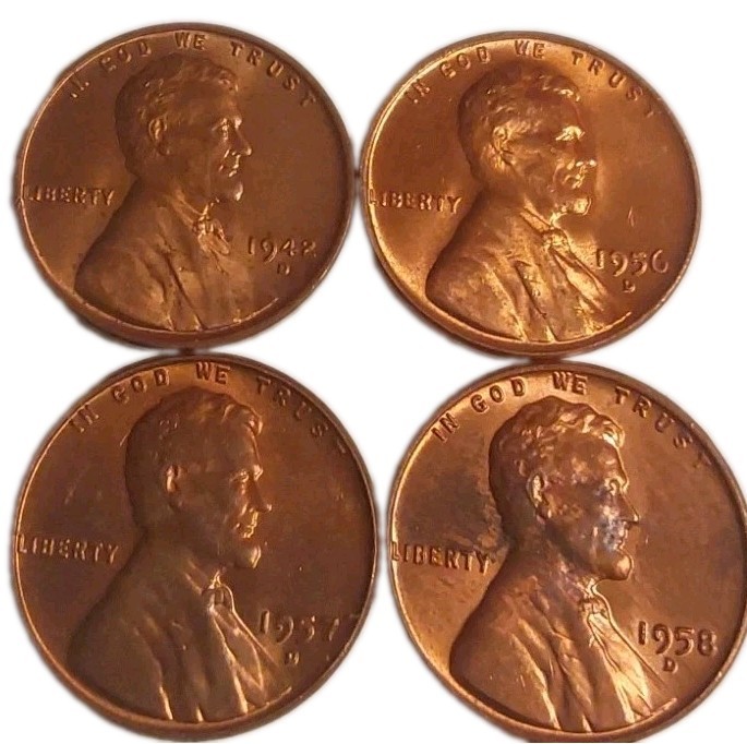 1942 D 1956 D 1957 D 1958 D Mint Lincoln Wheat Cents GEM BU RED's (4 Coins)